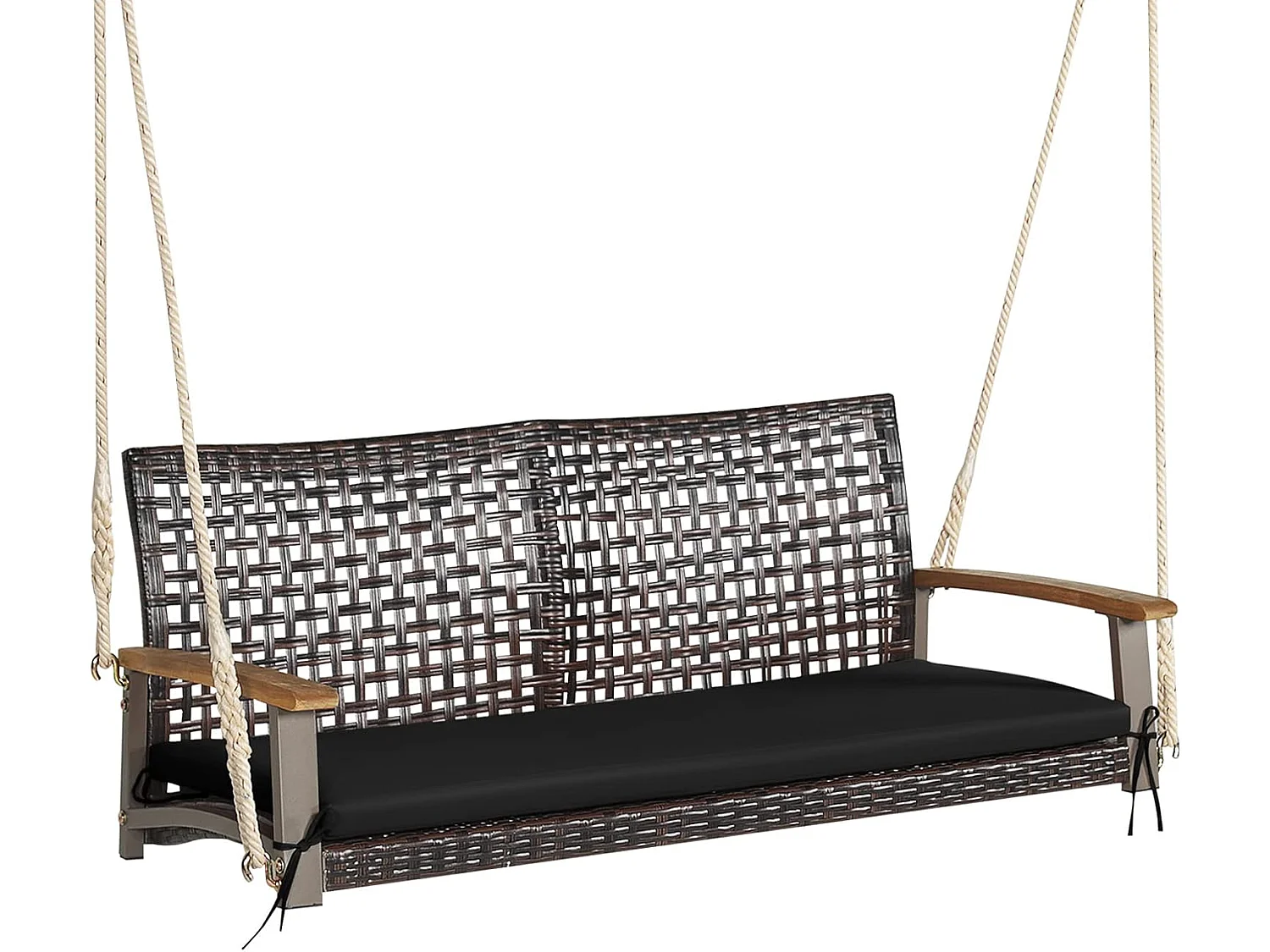 Schommelbank, 2-zits, PE-rotan met kussen, tuinschommel om op te hangen, tot 360 kg, schommelbank met armleuningen van acaciahout,balkon, veranda (wit)TI81986