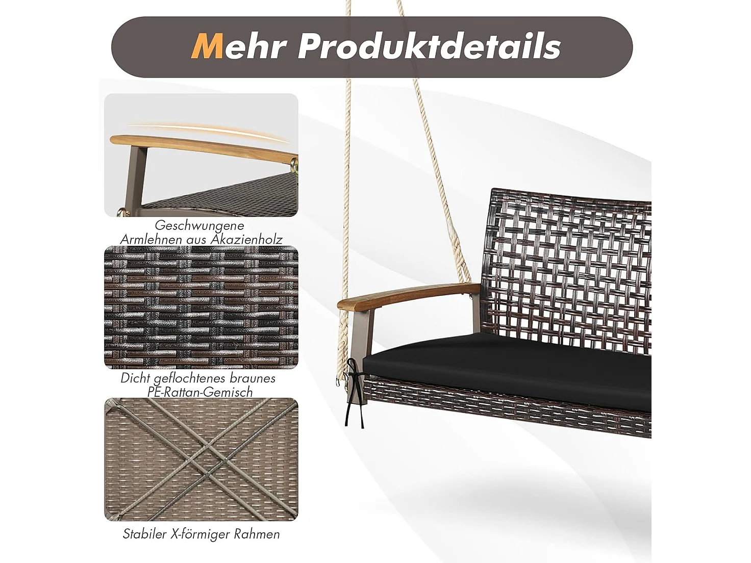 Schommelbank, 2-zits, PE-rotan met kussen, tuinschommel om op te hangen, tot 360 kg, schommelbank met armleuningen van acaciahout,balkon, veranda (wit)TI81986