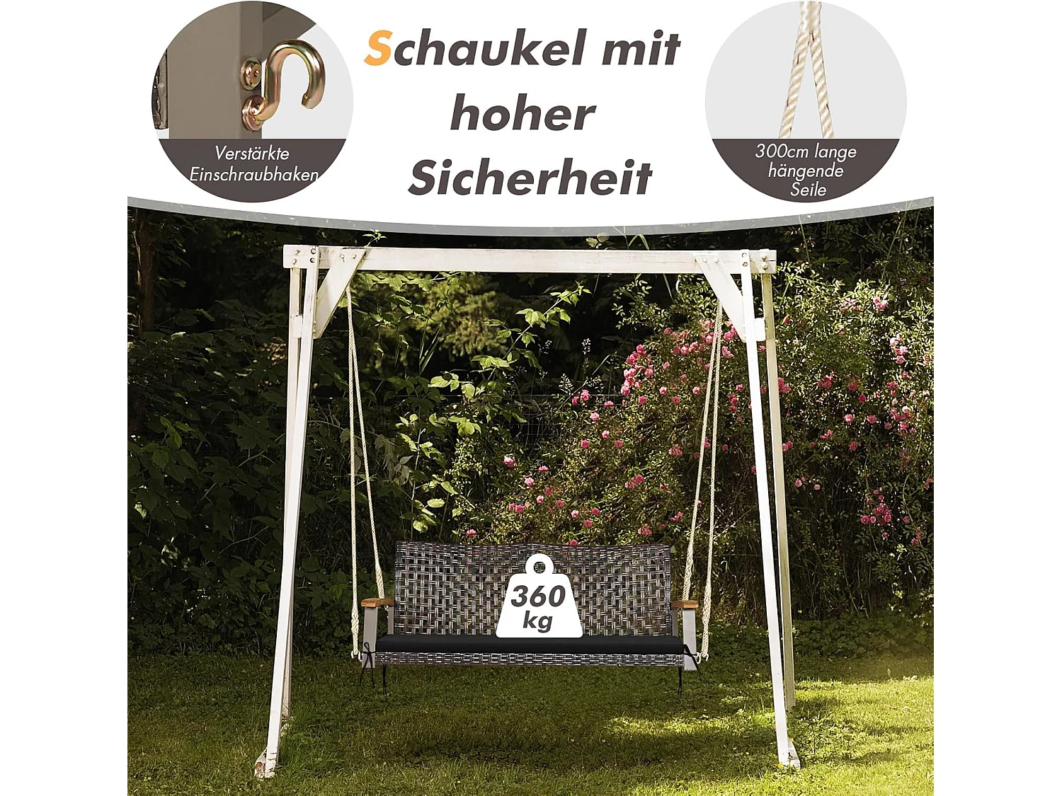 Schommelbank, 2-zits, PE-rotan met kussen, tuinschommel om op te hangen, tot 360 kg, schommelbank met armleuningen van acaciahout,balkon, veranda (wit)TI81986