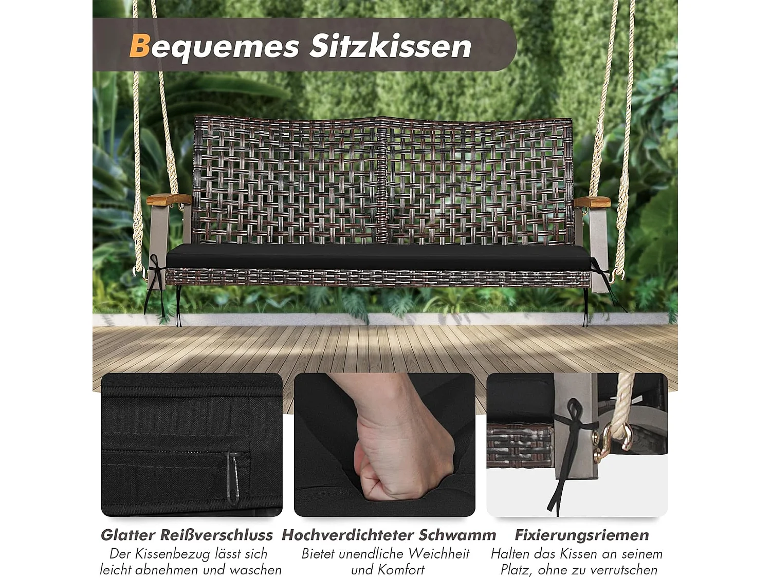 Schommelbank, 2-zits, PE-rotan met kussen, tuinschommel om op te hangen, tot 360 kg, schommelbank met armleuningen van acaciahout,balkon, veranda (wit)TI81986