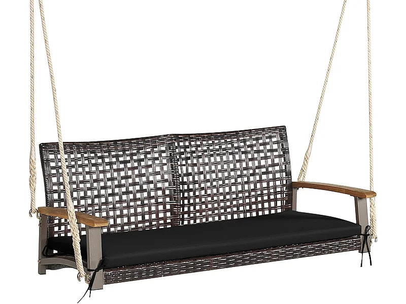 Schommelbank, 2-zits, PE-rotan met kussen, tuinschommel om op te hangen, tot 360 kg, schommelbank met armleuningen van acaciahout,balkon, veranda (wit)TI81986