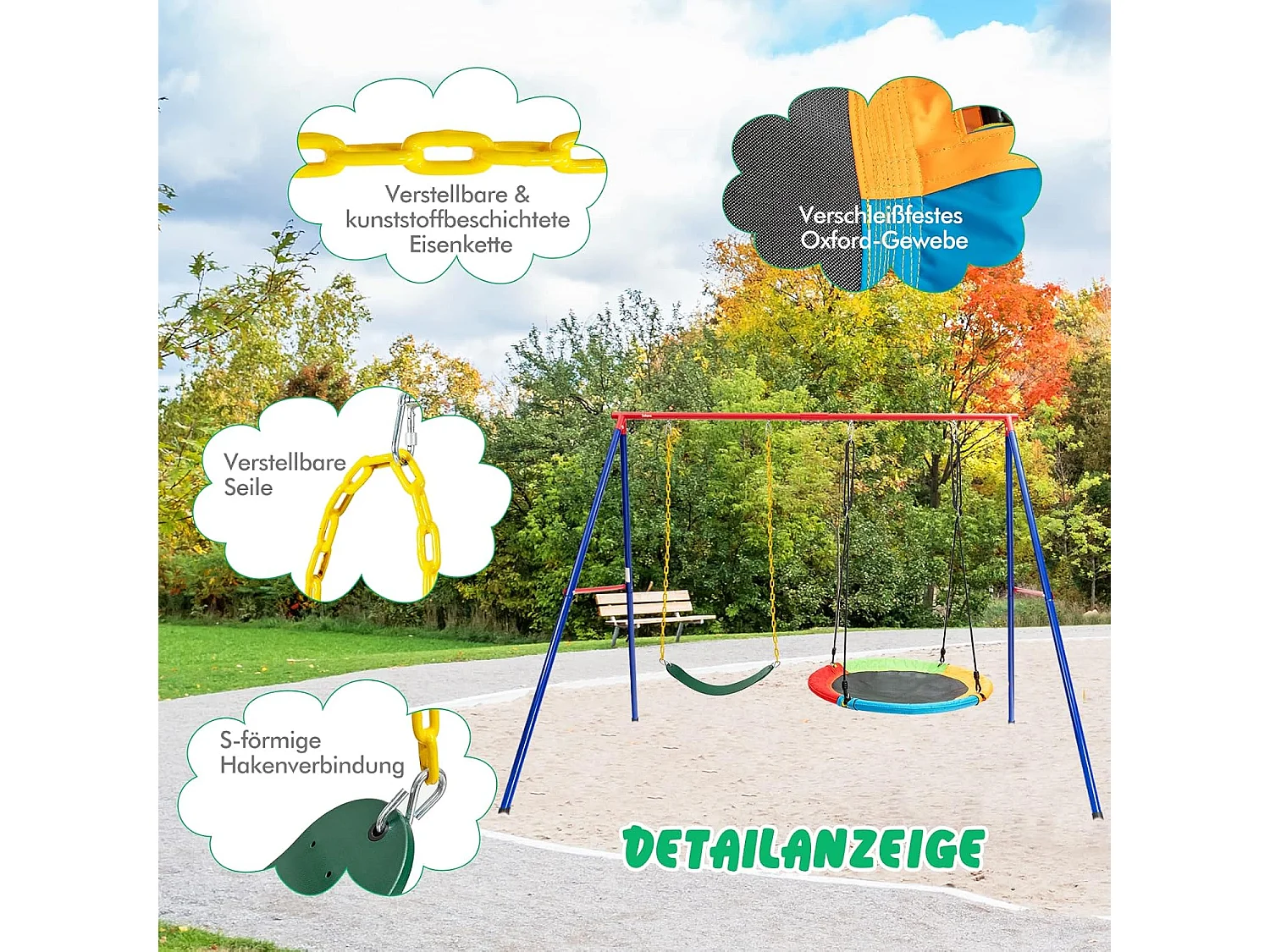 Dubbele schommel met frame, outdoor schommel voor kinderen, schommelframe met kinderschommel, schommelframe tot 250 kg belastbaar (2 schommels met frame) ZB32747