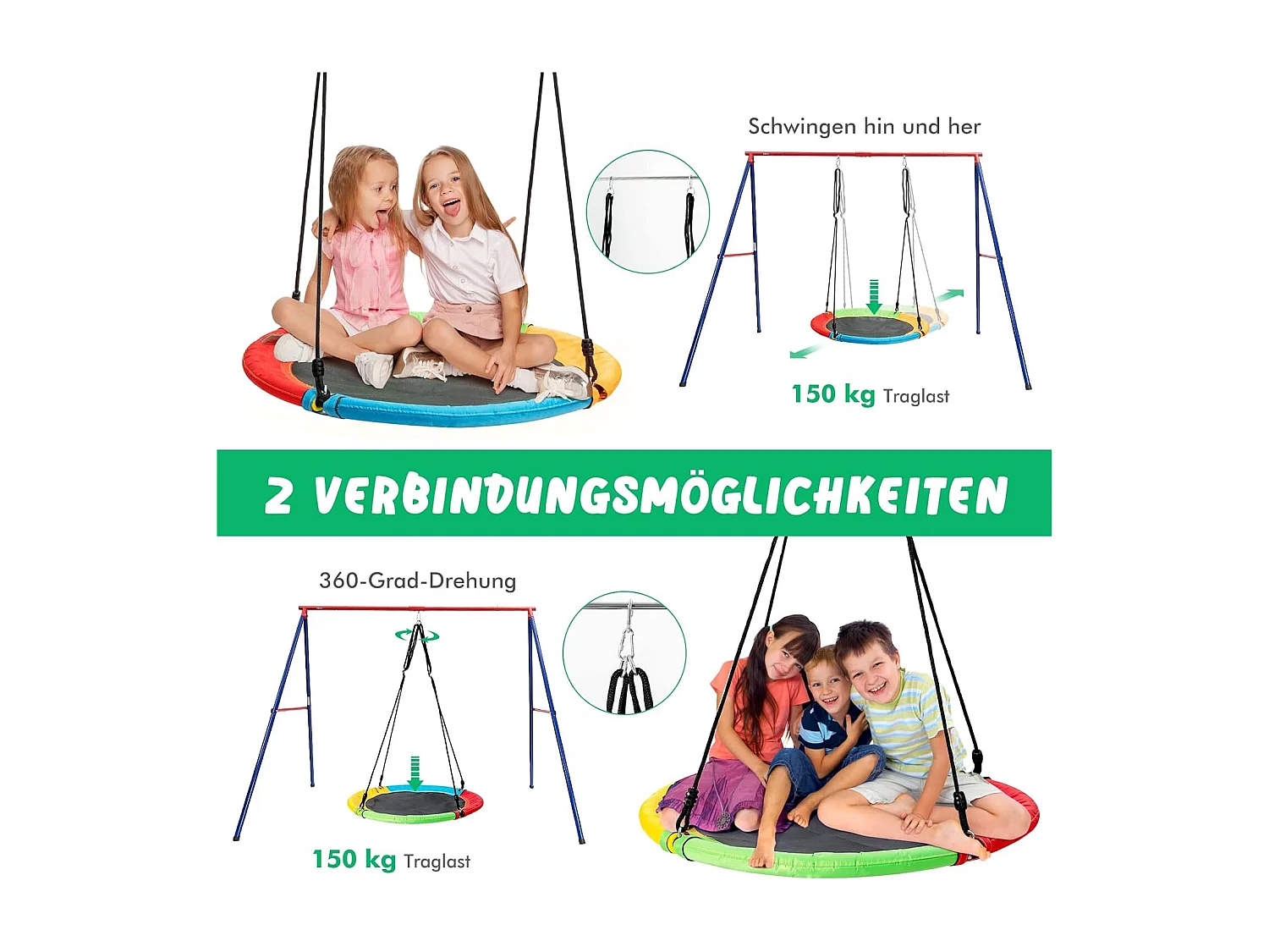 Dubbele schommel met frame, outdoor schommel voor kinderen, schommelframe met kinderschommel, schommelframe tot 250 kg belastbaar (2 schommels met frame) ZB32747