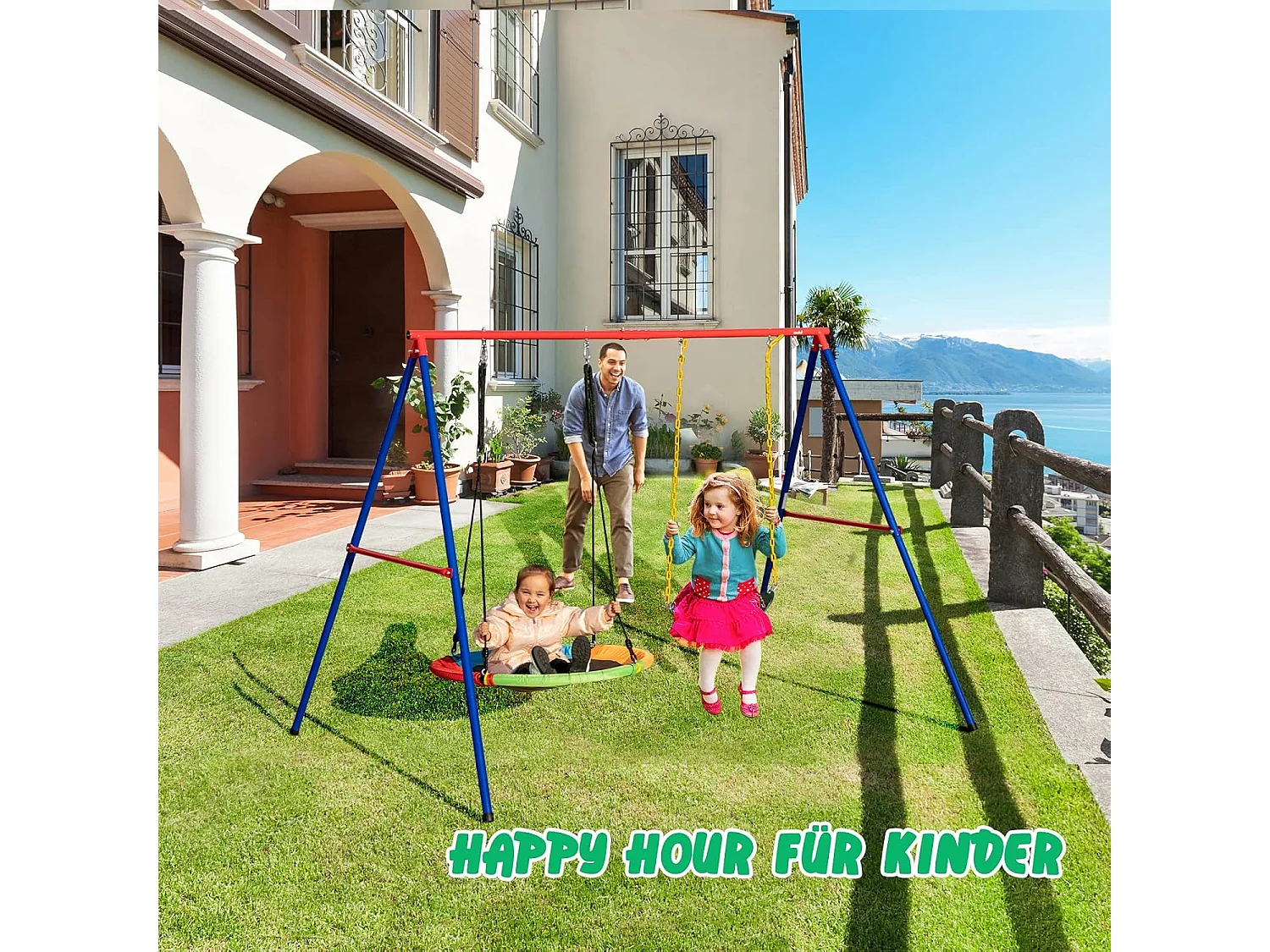 Dubbele schommel met frame, outdoor schommel voor kinderen, schommelframe met kinderschommel, schommelframe tot 250 kg belastbaar (2 schommels met frame) ZB32747