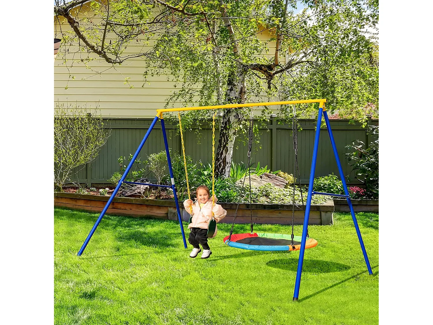 Dubbele schommel met frame, outdoor schommel voor kinderen, schommelframe met kinderschommel, schommelframe tot 250 kg belastbaar (2 schommels met frame) ZB32747