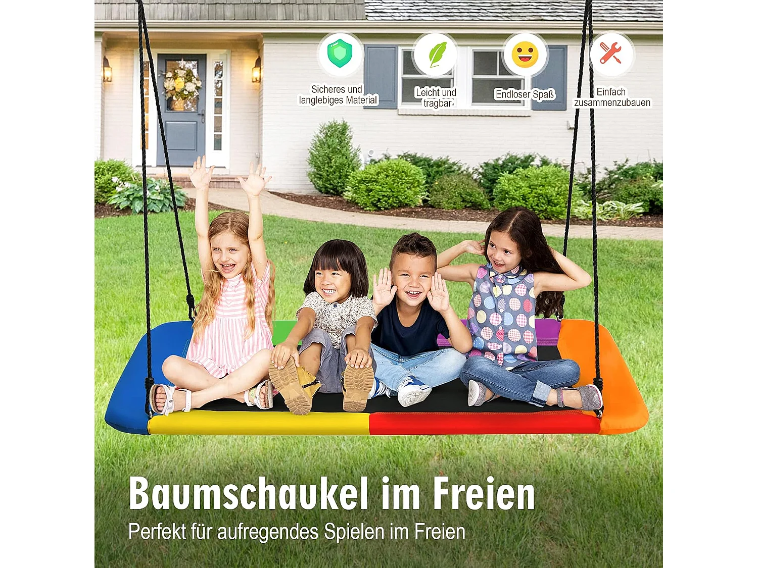 Nestschommel, vierkant, tot 150 kg belastbaar, 150 x 80 cm, boomschommel met 100-180 cm verstelbaar touw, kinderschommel,voor kinderen en volwassenen ZB33885