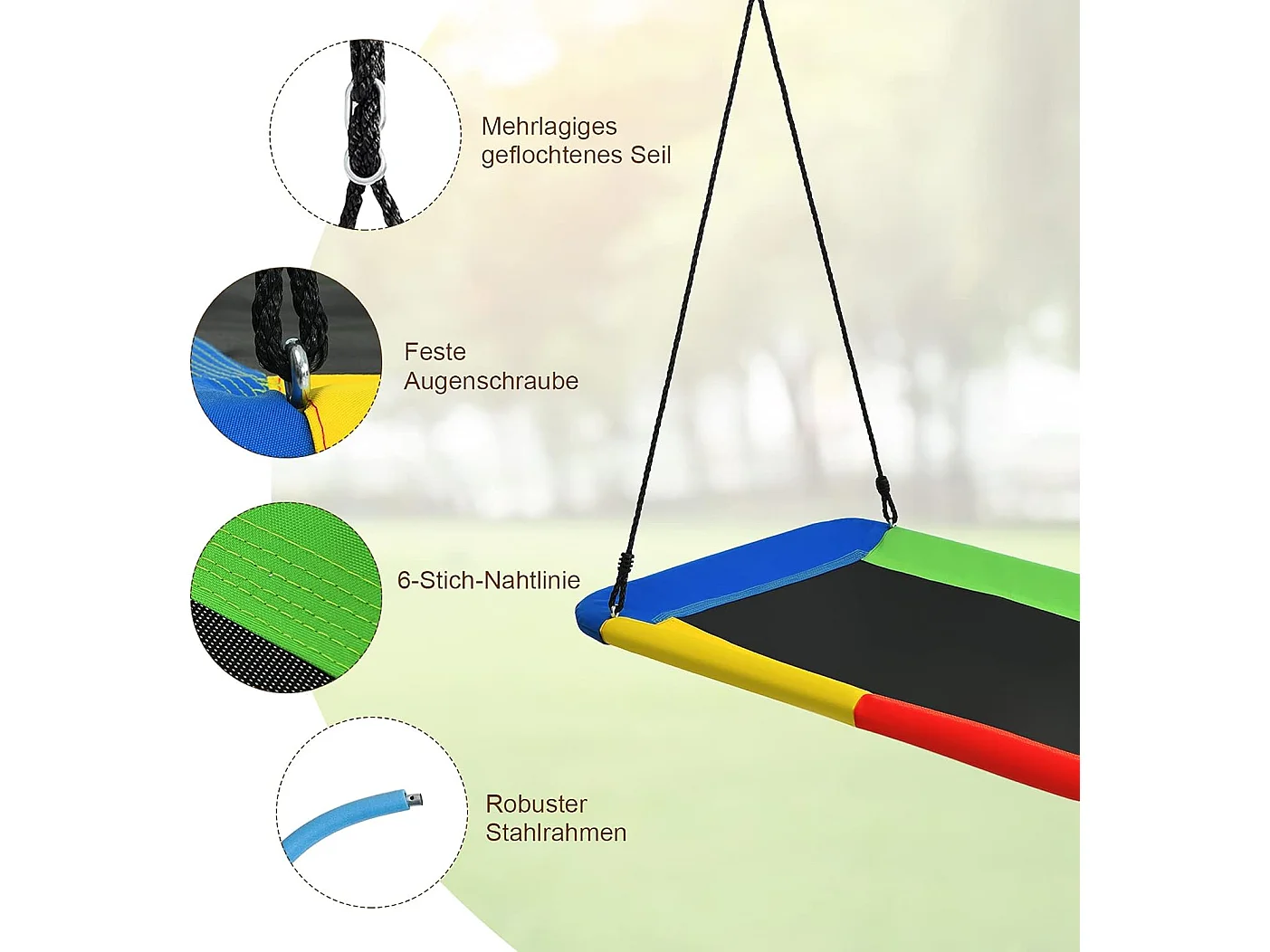 Nestschommel, vierkant, tot 150 kg belastbaar, 150 x 80 cm, boomschommel met 100-180 cm verstelbaar touw, kinderschommel,voor kinderen en volwassenen ZB33885
