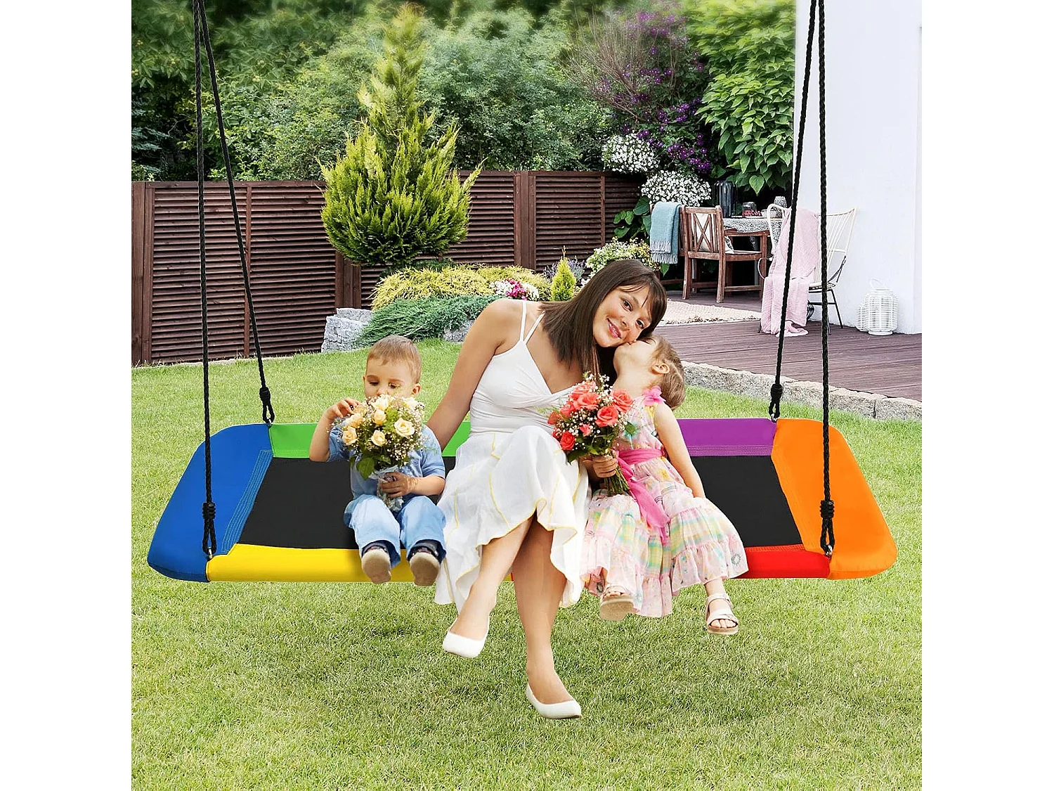 Nestschommel, vierkant, tot 150 kg belastbaar, 150 x 80 cm, boomschommel met 100-180 cm verstelbaar touw, kinderschommel,voor kinderen en volwassenen ZB33885