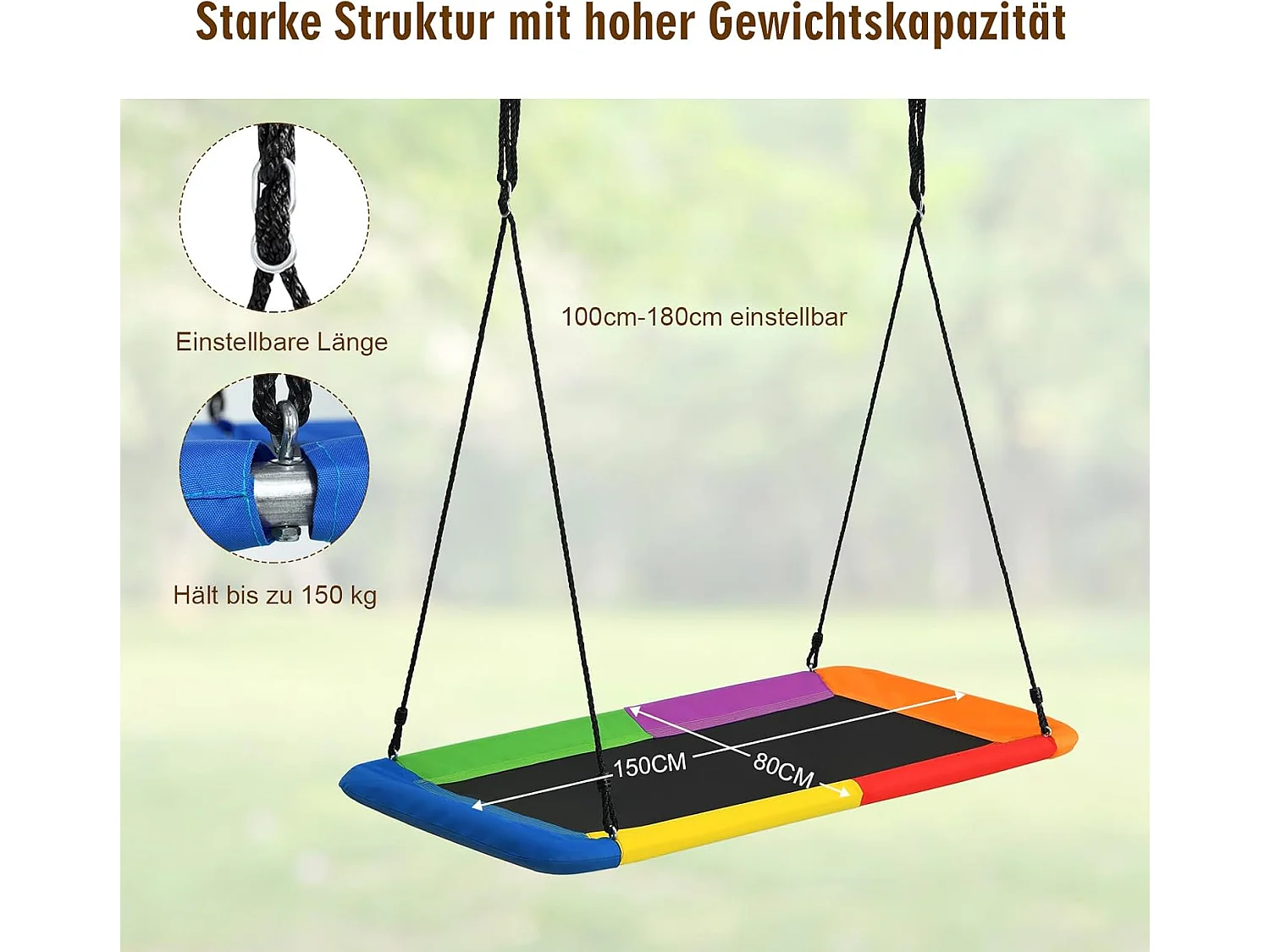 Nestschommel, vierkant, tot 150 kg belastbaar, 150 x 80 cm, boomschommel met 100-180 cm verstelbaar touw, kinderschommel,voor kinderen en volwassenen ZB33885