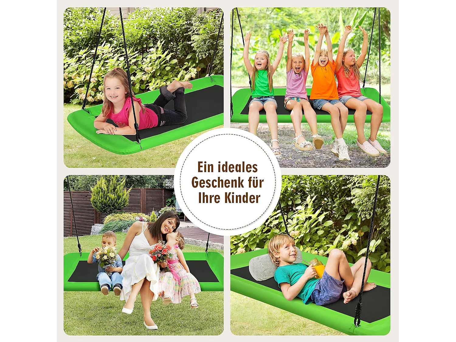 Nestschommel, vierkant,150 x 80 cm, boomschommel met 100-180 cm verstelbaar touw, kinderschommel, outdoor tuinschommel voor kinderen en volwassenen (groen) ZB33885