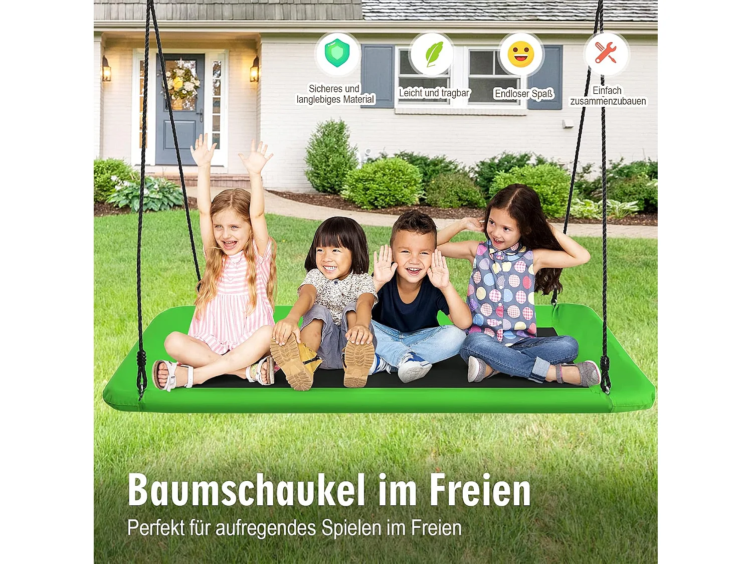 Nestschommel, vierkant,150 x 80 cm, boomschommel met 100-180 cm verstelbaar touw, kinderschommel, outdoor tuinschommel voor kinderen en volwassenen (groen) ZB33885