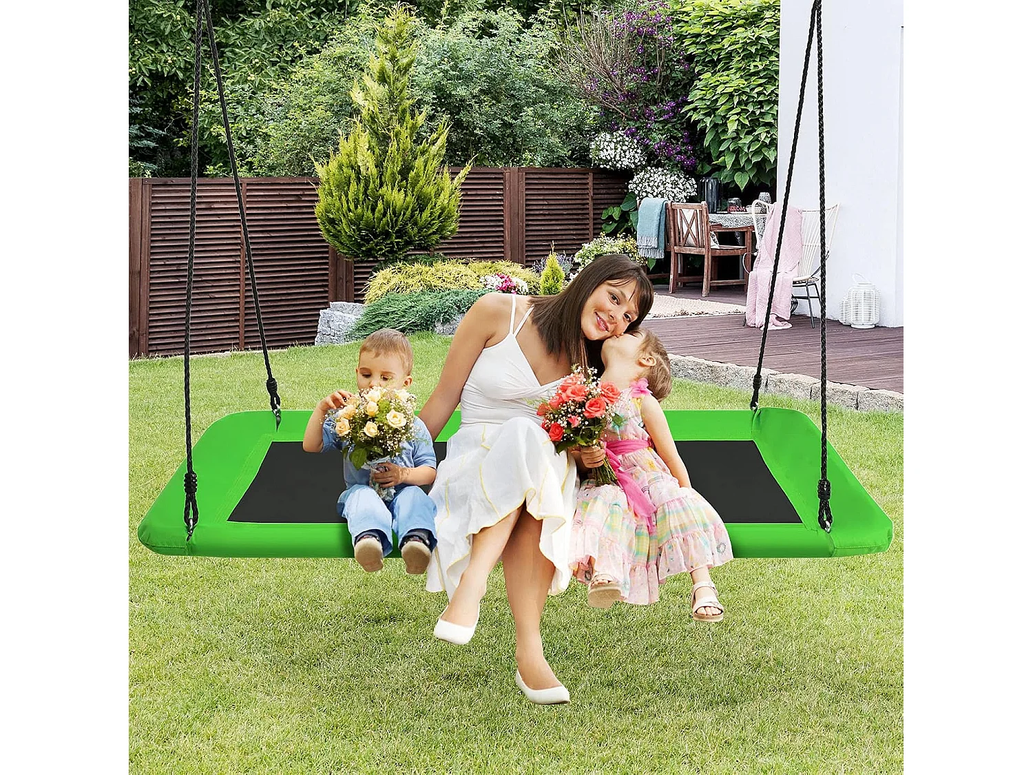 Nestschommel, vierkant,150 x 80 cm, boomschommel met 100-180 cm verstelbaar touw, kinderschommel, outdoor tuinschommel voor kinderen en volwassenen (groen) ZB33885