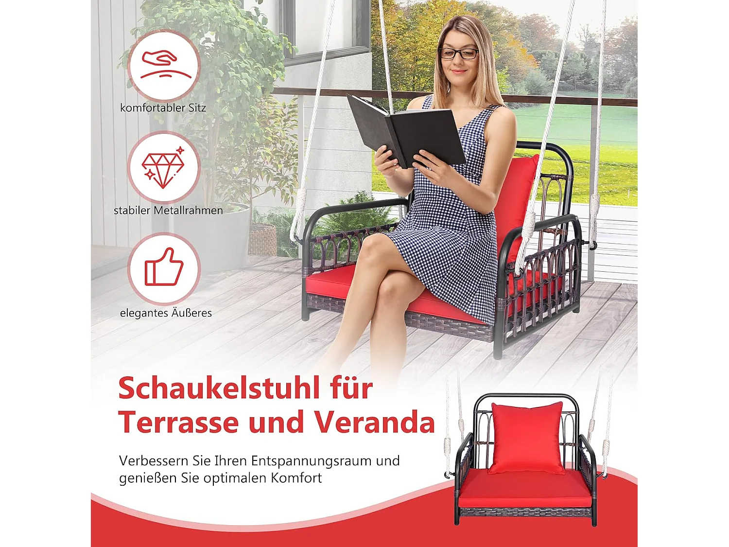 Hangstoel, terrasschommel, belastbaar tot 180 kg, hangstoel met zit- en rugkussens, metalen frame en hangtouwen, hangstoel voor veranda en achtertuinTI93553