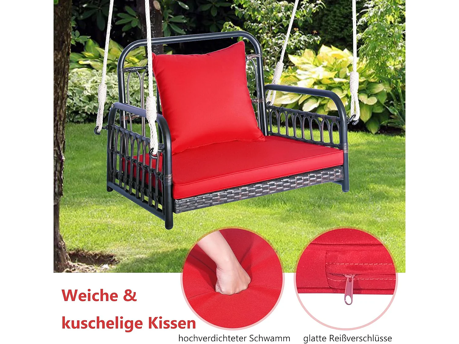 Hangstoel, terrasschommel, belastbaar tot 180 kg, hangstoel met zit- en rugkussens, metalen frame en hangtouwen, hangstoel voor veranda en achtertuinTI93553