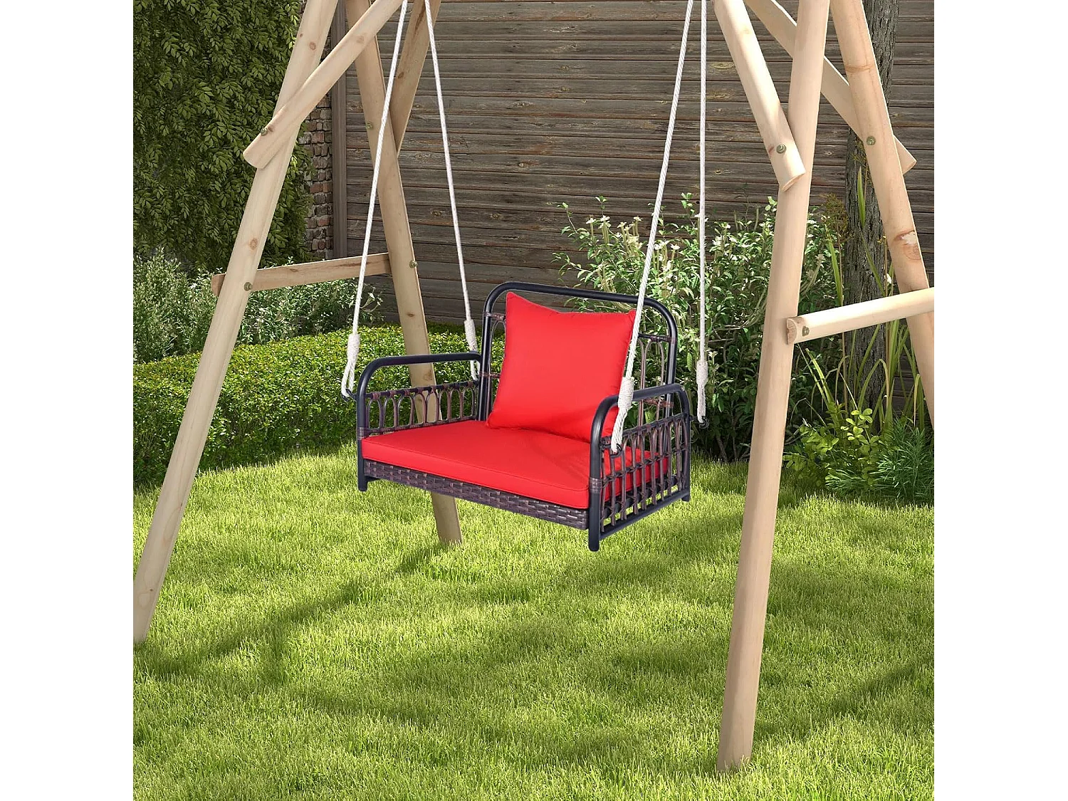 Hangstoel, terrasschommel, belastbaar tot 180 kg, hangstoel met zit- en rugkussens, metalen frame en hangtouwen, hangstoel voor veranda en achtertuinTI93553