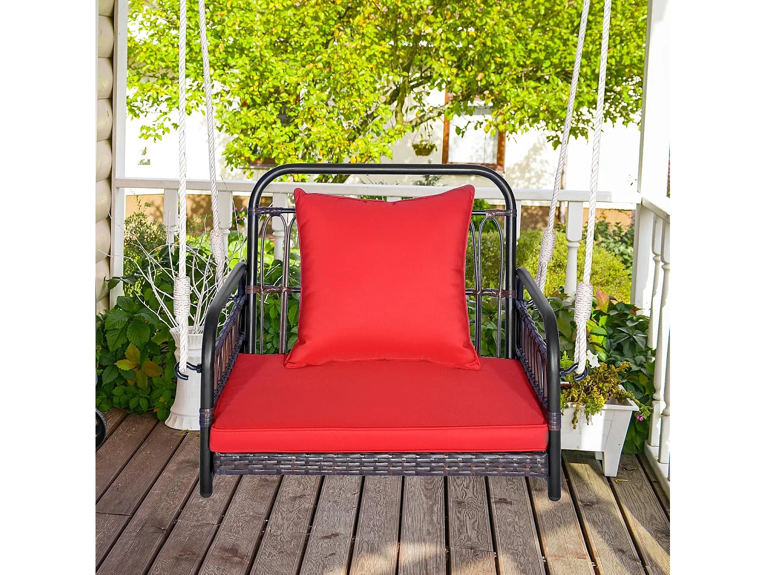 Hangstoel, terrasschommel, belastbaar tot 180 kg, hangstoel met zit- en rugkussens, metalen frame en hangtouwen, hangstoel voor veranda en achtertuinTI93553