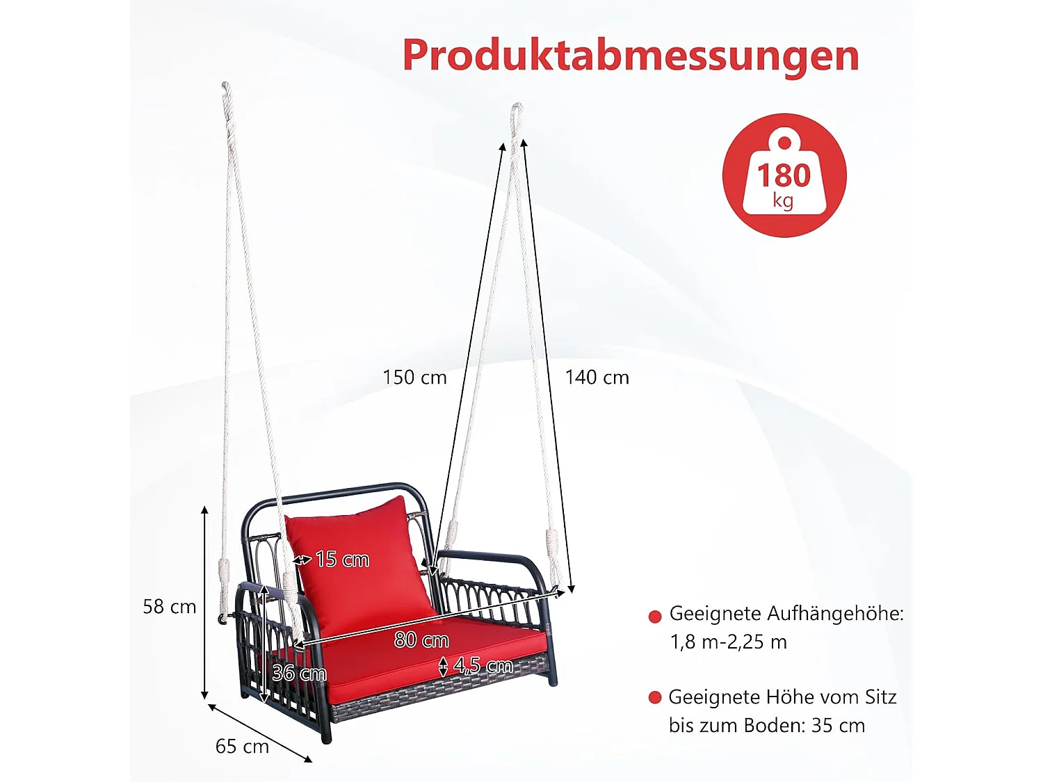 Hangstoel, terrasschommel, belastbaar tot 180 kg, hangstoel met zit- en rugkussens, metalen frame en hangtouwen, hangstoel voor veranda en achtertuinTI93553