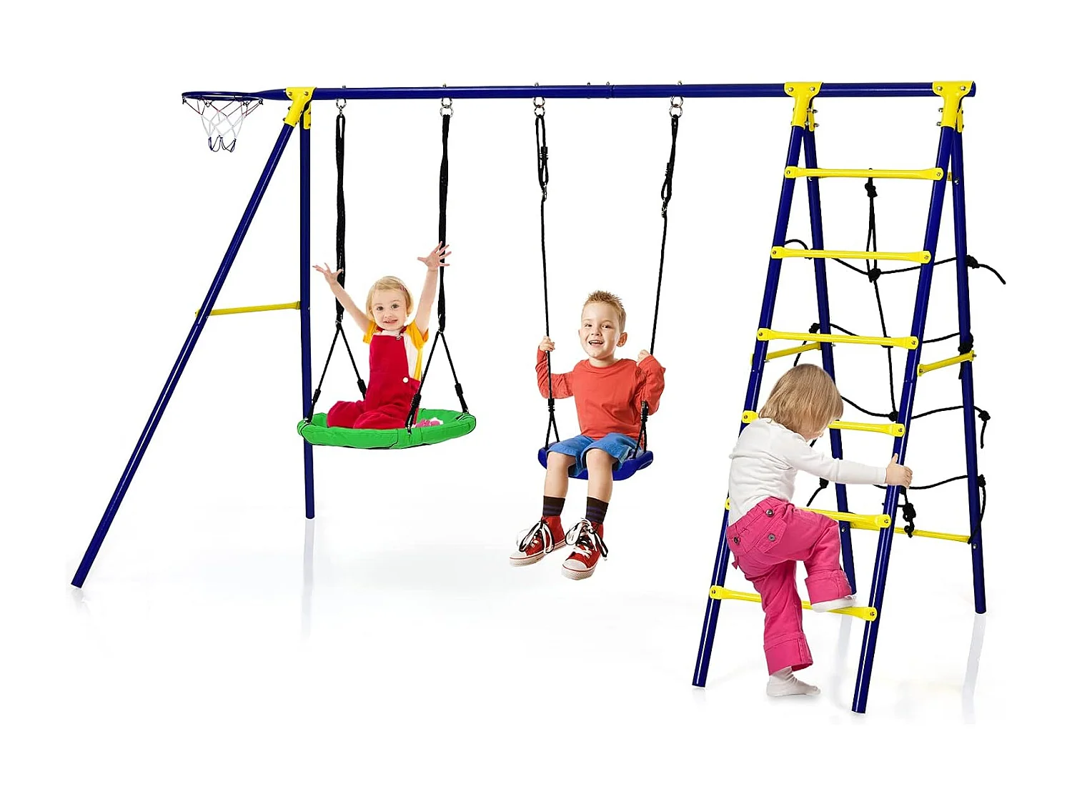 5-in-1 schommelset met 2 schommels, basketbalmand, klimnet en klimladder, kinderschommel met frame, tuinschommel, schommelframe met dubbele schommel voor tuin, erf