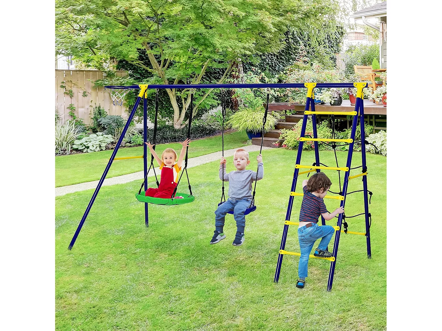 5-in-1 schommelset met 2 schommels, basketbalmand, klimnet en klimladder, kinderschommel met frame, tuinschommel, schommelframe met dubbele schommel voor tuin, erf