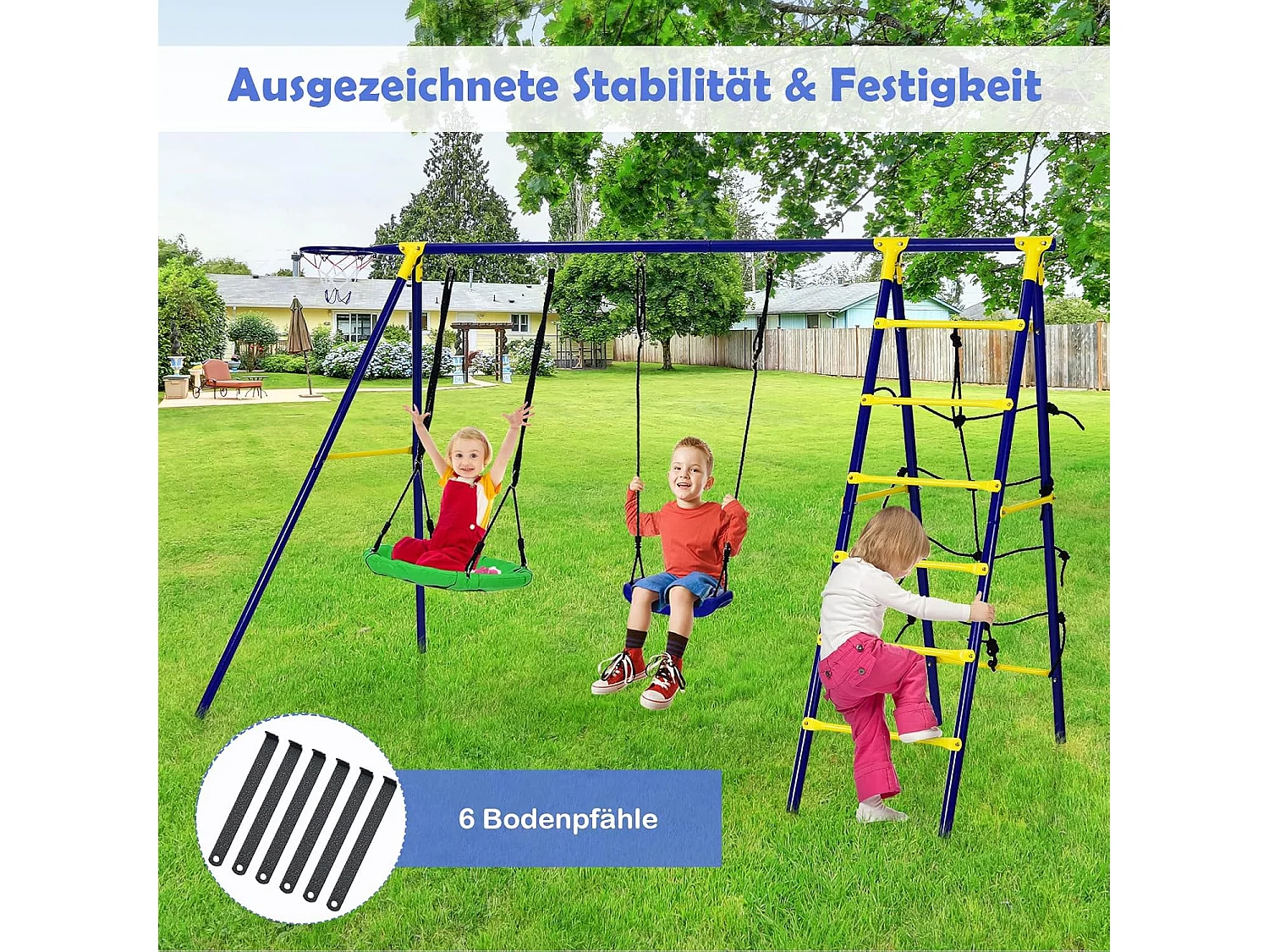 5-in-1 schommelset met 2 schommels, basketbalmand, klimnet en klimladder, kinderschommel met frame, tuinschommel, schommelframe met dubbele schommel voor tuin, erf