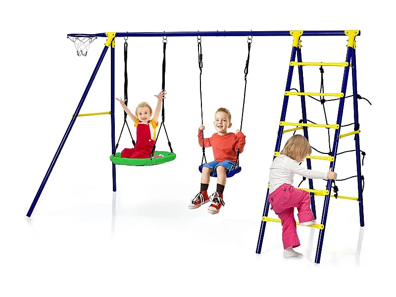 5-in-1 schommelset met 2 schommels, basketbalmand, klimnet en klimladder, kinderschommel met frame, tuinschommel, schommelframe met dubbele schommel voor tuin, erf