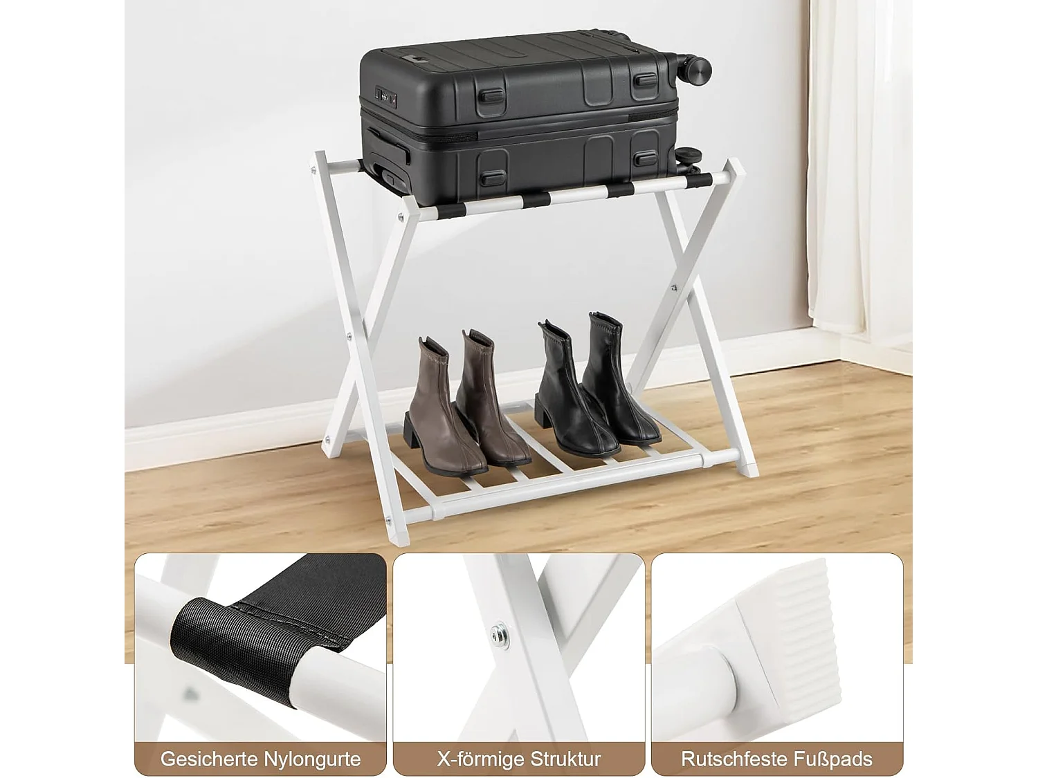 Kofferstandaard, inklapbaar, bagagerek met 2 verdiepingen design, kofferbok, metalen kofferstandaard voor slaapkamer, logeerkamer, hotel (set van 2, wit)VH33647