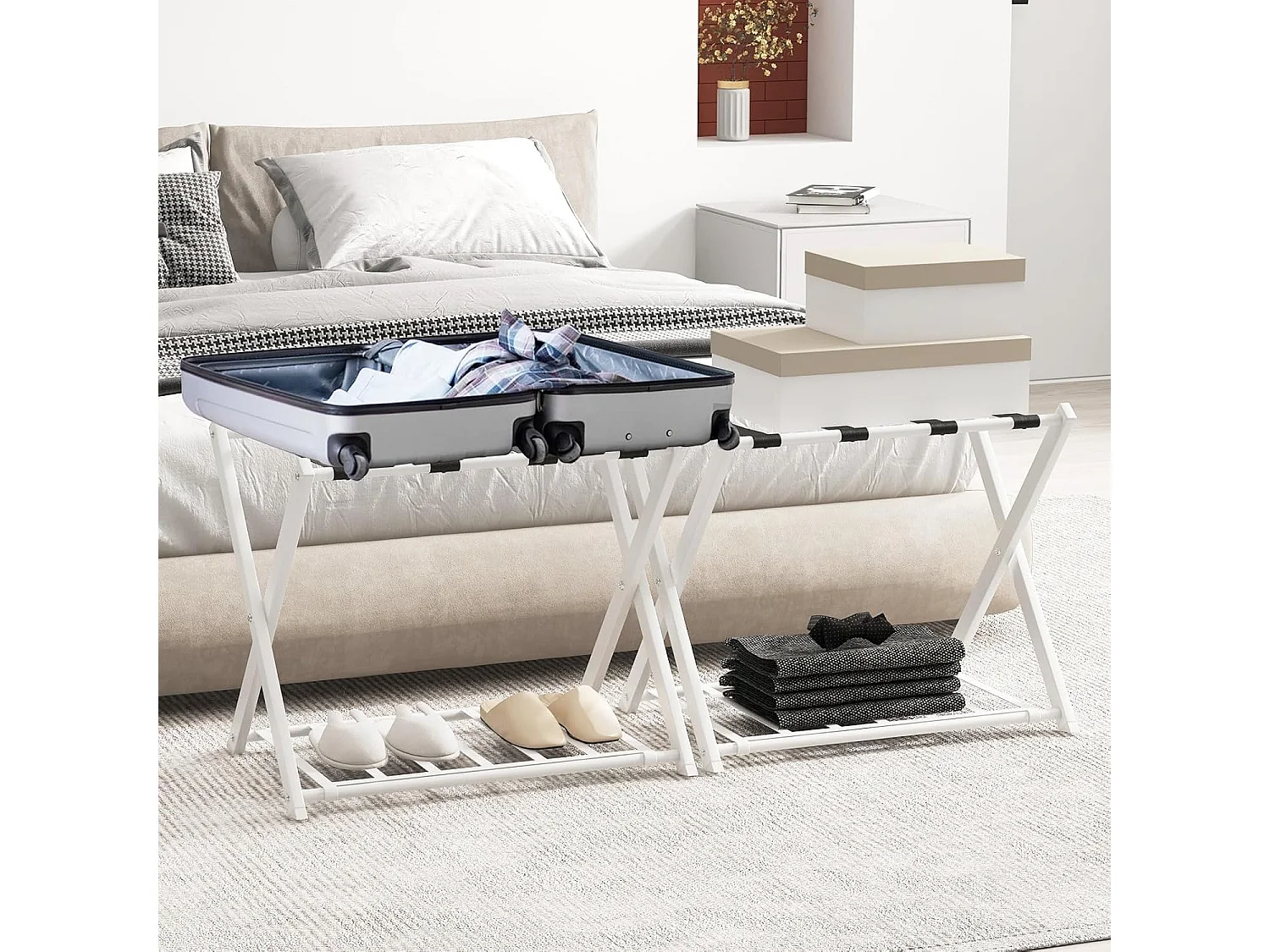 Kofferstandaard, inklapbaar, bagagerek met 2 verdiepingen design, kofferbok, metalen kofferstandaard voor slaapkamer, logeerkamer, hotel (set van 2, wit)VH33647