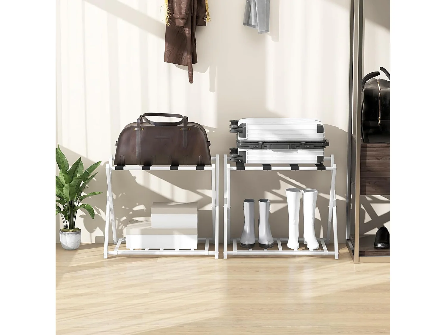 Kofferstandaard, inklapbaar, bagagerek met 2 verdiepingen design, kofferbok, metalen kofferstandaard voor slaapkamer, logeerkamer, hotel (set van 2, wit)VH33647