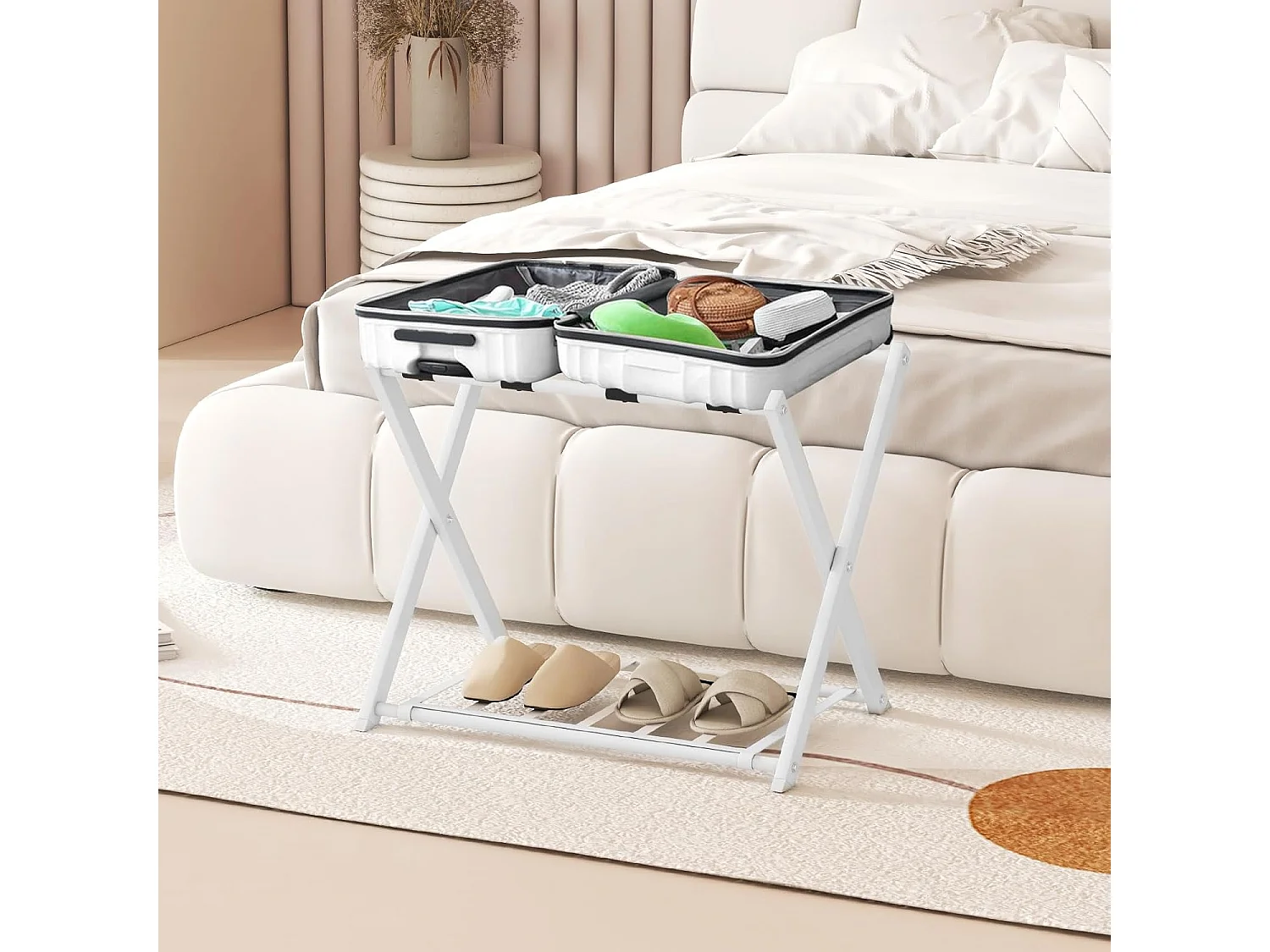 Kofferstandaard, inklapbaar, bagagerek met 2 verdiepingen design, kofferbok, metalen kofferstandaard voor slaapkamer, logeerkamer, hotel (set van 2, wit)VH33647