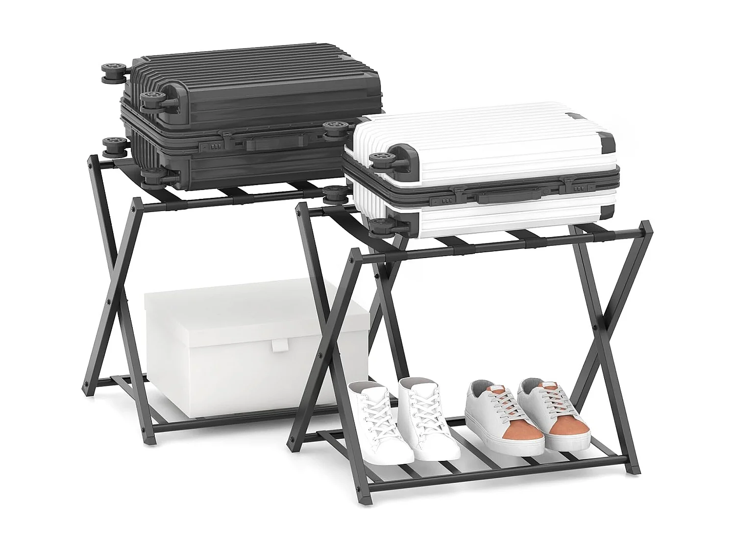 Kofferstandaard, inklapbaar, bagagerek met 2 verdiepingen design, kofferbok, metalen kofferstandaard voor slaapkamer, logeerkamer, hotel (set van 2, zwart)VH33647