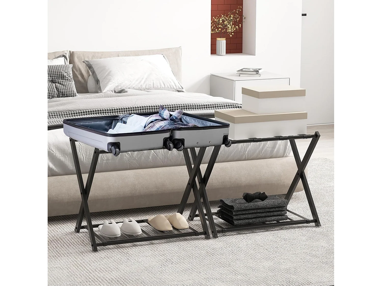 Kofferstandaard, inklapbaar, bagagerek met 2 verdiepingen design, kofferbok, metalen kofferstandaard voor slaapkamer, logeerkamer, hotel (set van 2, zwart)VH33647