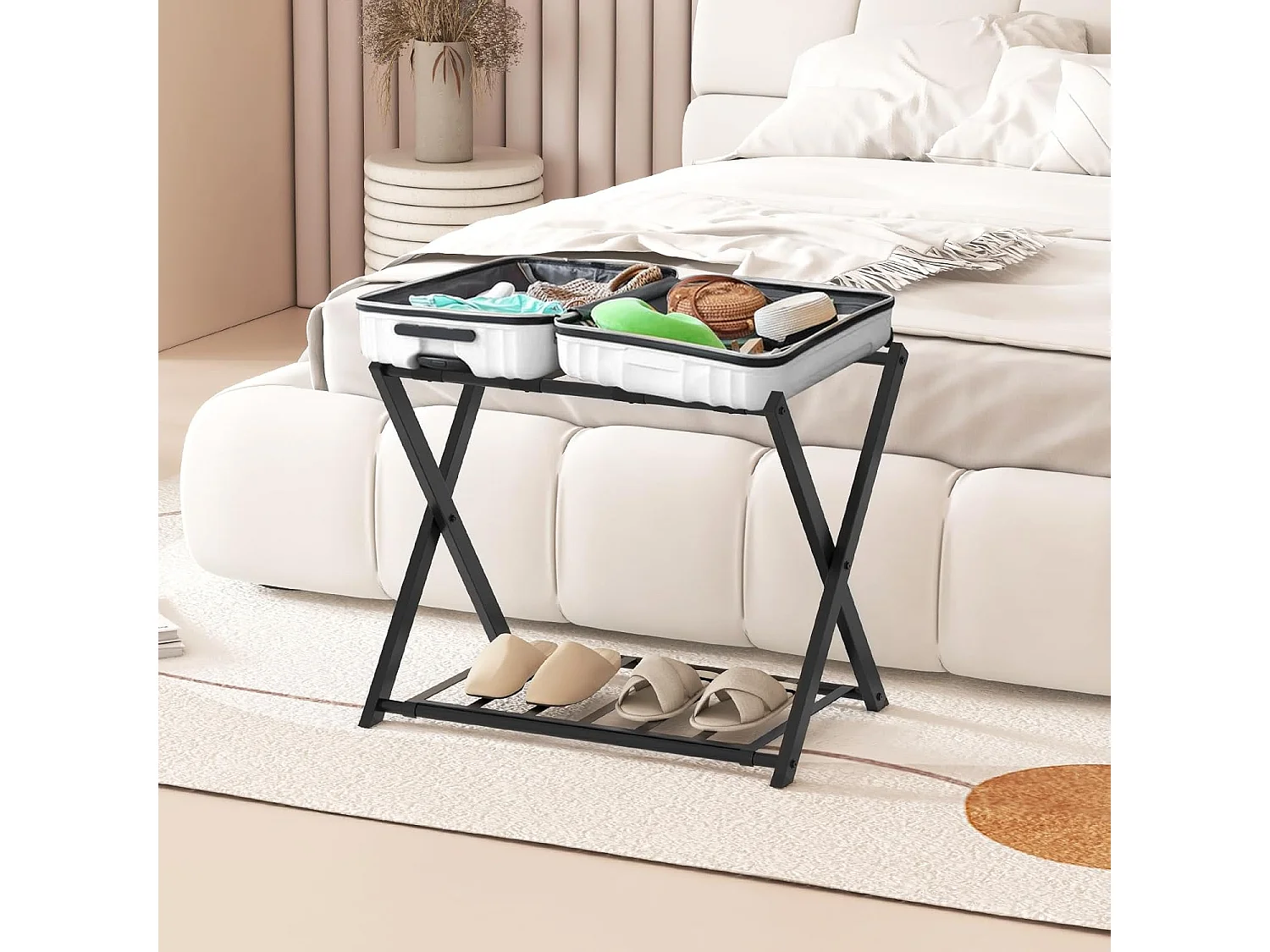 Kofferstandaard, inklapbaar, bagagerek met 2 verdiepingen design, kofferbok, metalen kofferstandaard voor slaapkamer, logeerkamer, hotel (set van 2, zwart)VH33647