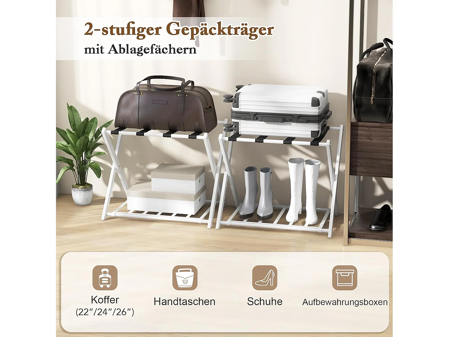 Kofferstandaard, inklapbaar, bagagerek met 2 verdiepingen design, kofferbok, metalen kofferstandaard voor slaapkamer, logeerkamer, hotel (set van 2, wit)VH33647