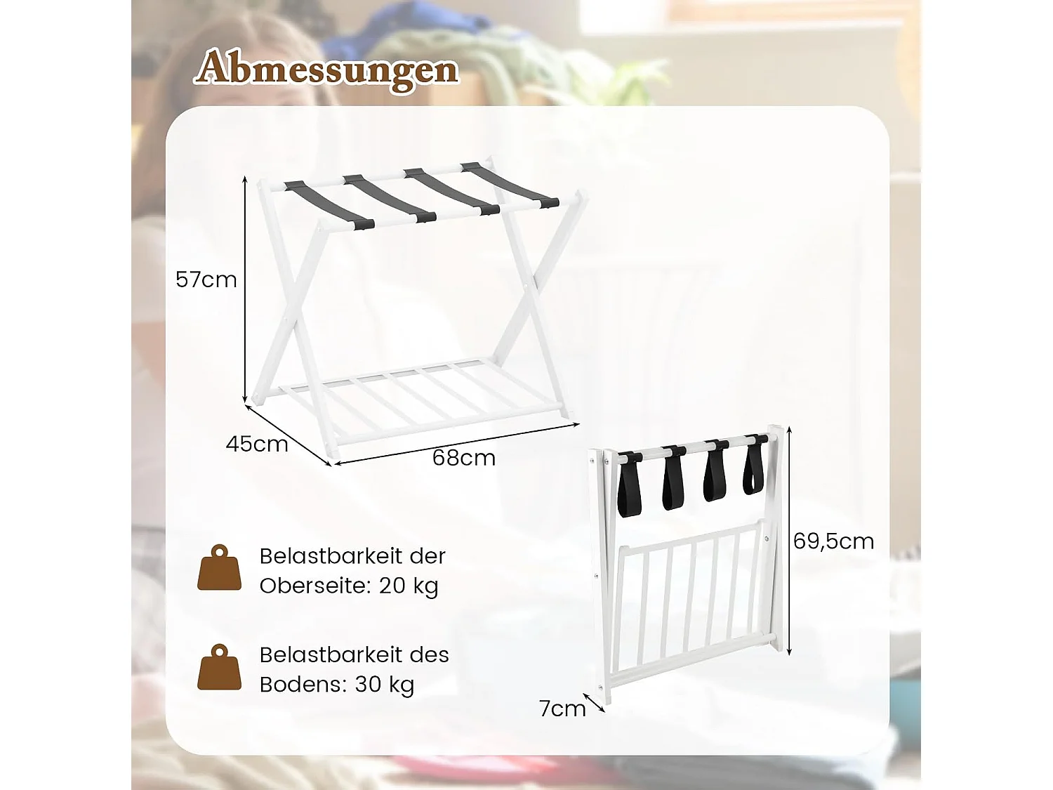 Kofferstandaard, inklapbaar, bagagerek met 2 verdiepingen design, kofferbok, metalen kofferstandaard voor slaapkamer, logeerkamer, hotel (set van 2, wit)VH33647
