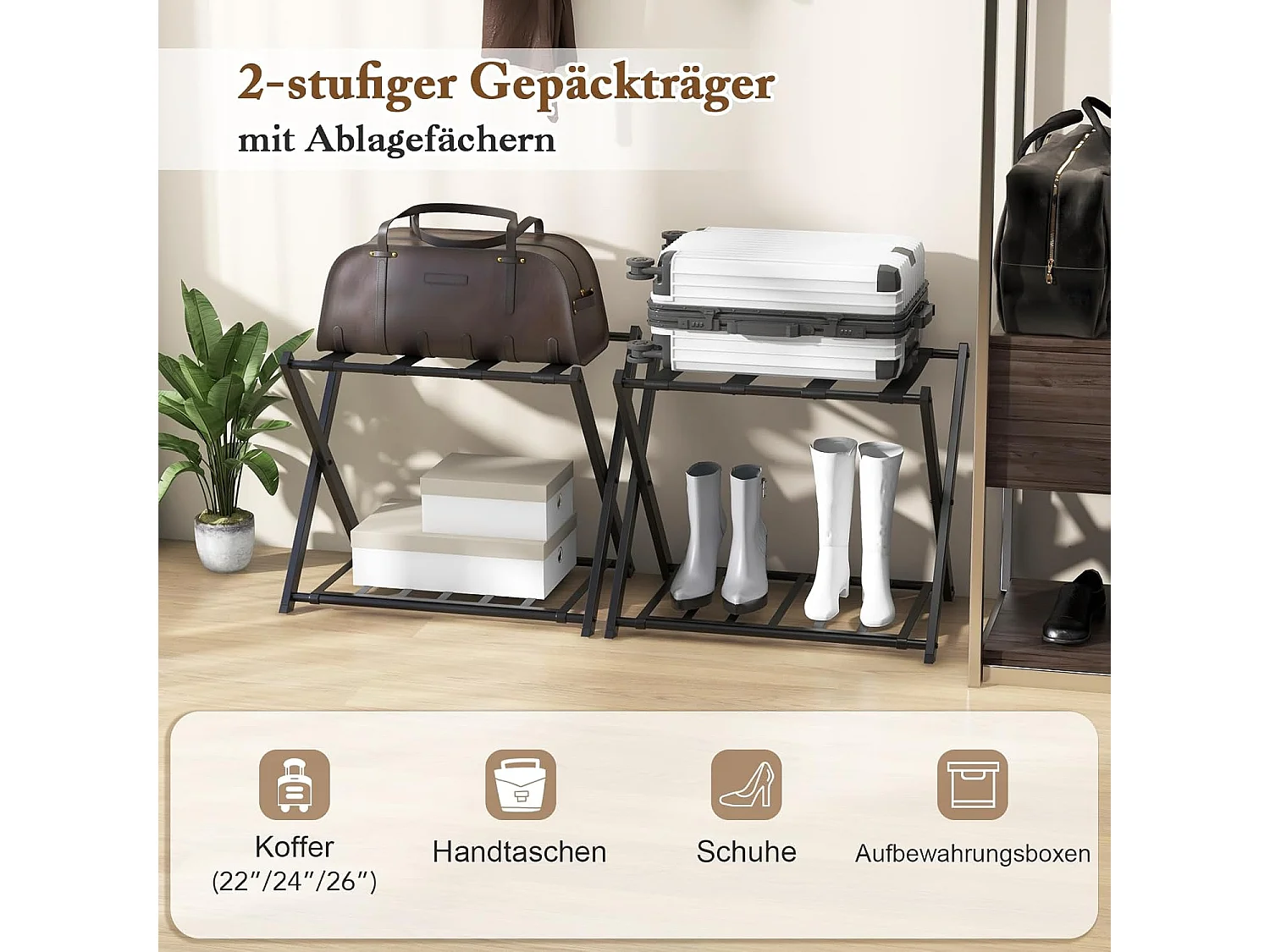 Kofferstandaard, inklapbaar, bagagerek met 2 verdiepingen design, kofferbok, metalen kofferstandaard voor slaapkamer, logeerkamer, hotel (set van 2, zwart)VH33647