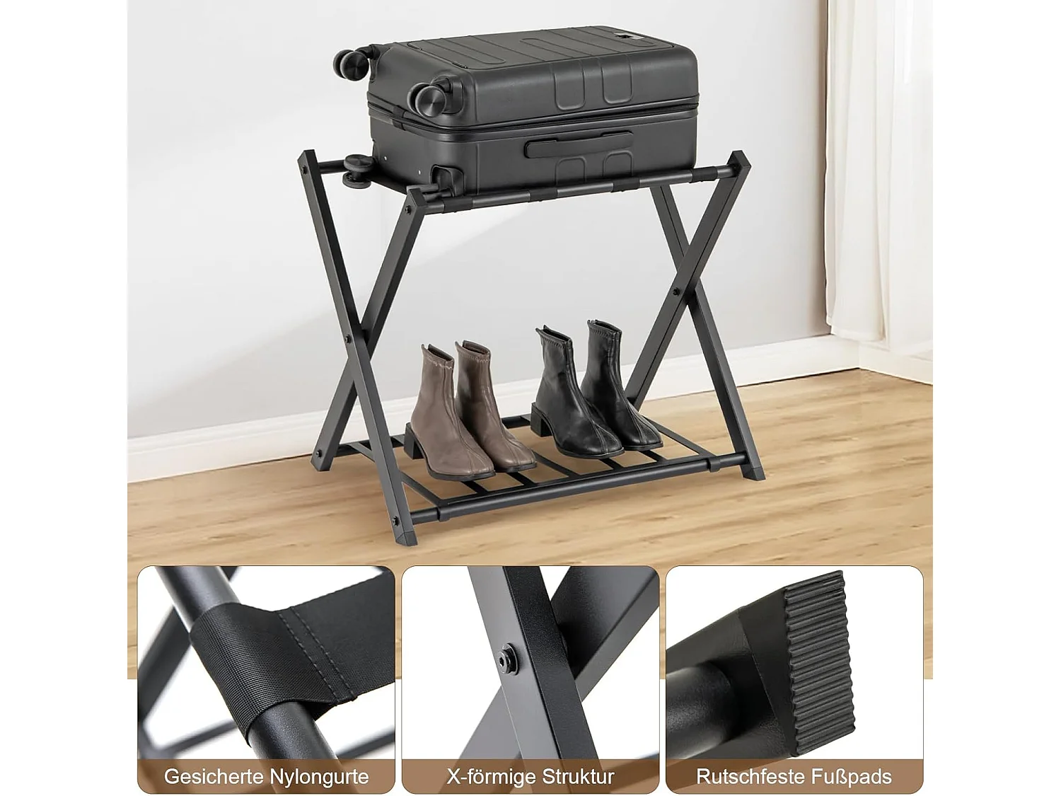 Kofferstandaard, inklapbaar, bagagerek met 2 verdiepingen design, kofferbok, metalen kofferstandaard voor slaapkamer, logeerkamer, hotel (set van 2, zwart)VH33647