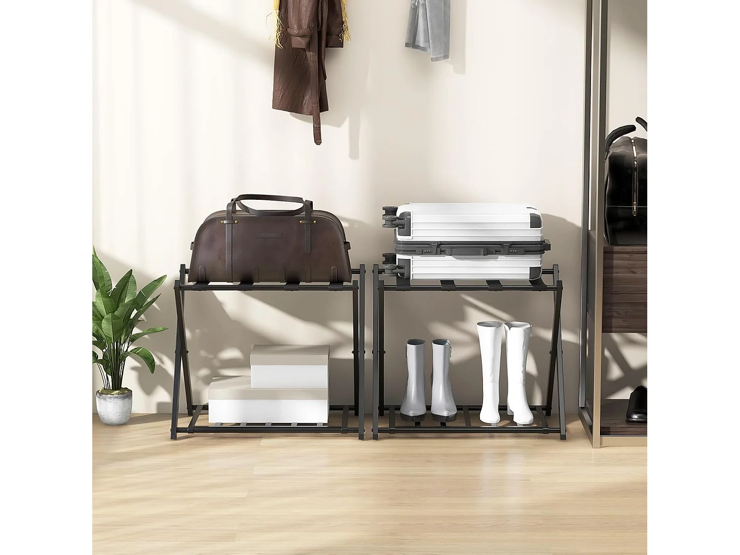 Kofferstandaard, inklapbaar, bagagerek met 2 verdiepingen design, kofferbok, metalen kofferstandaard voor slaapkamer, logeerkamer, hotel (set van 2, zwart)VH33647