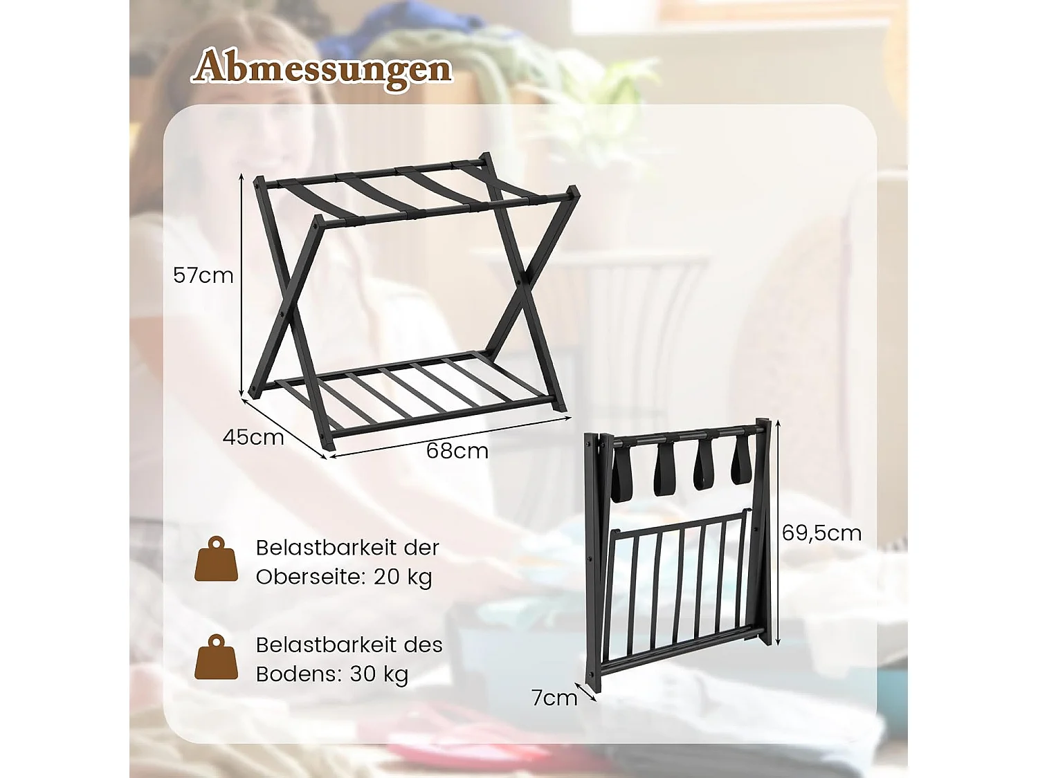 Kofferstandaard, inklapbaar, bagagerek met 2 verdiepingen design, kofferbok, metalen kofferstandaard voor slaapkamer, logeerkamer, hotel (set van 2, zwart)VH33647