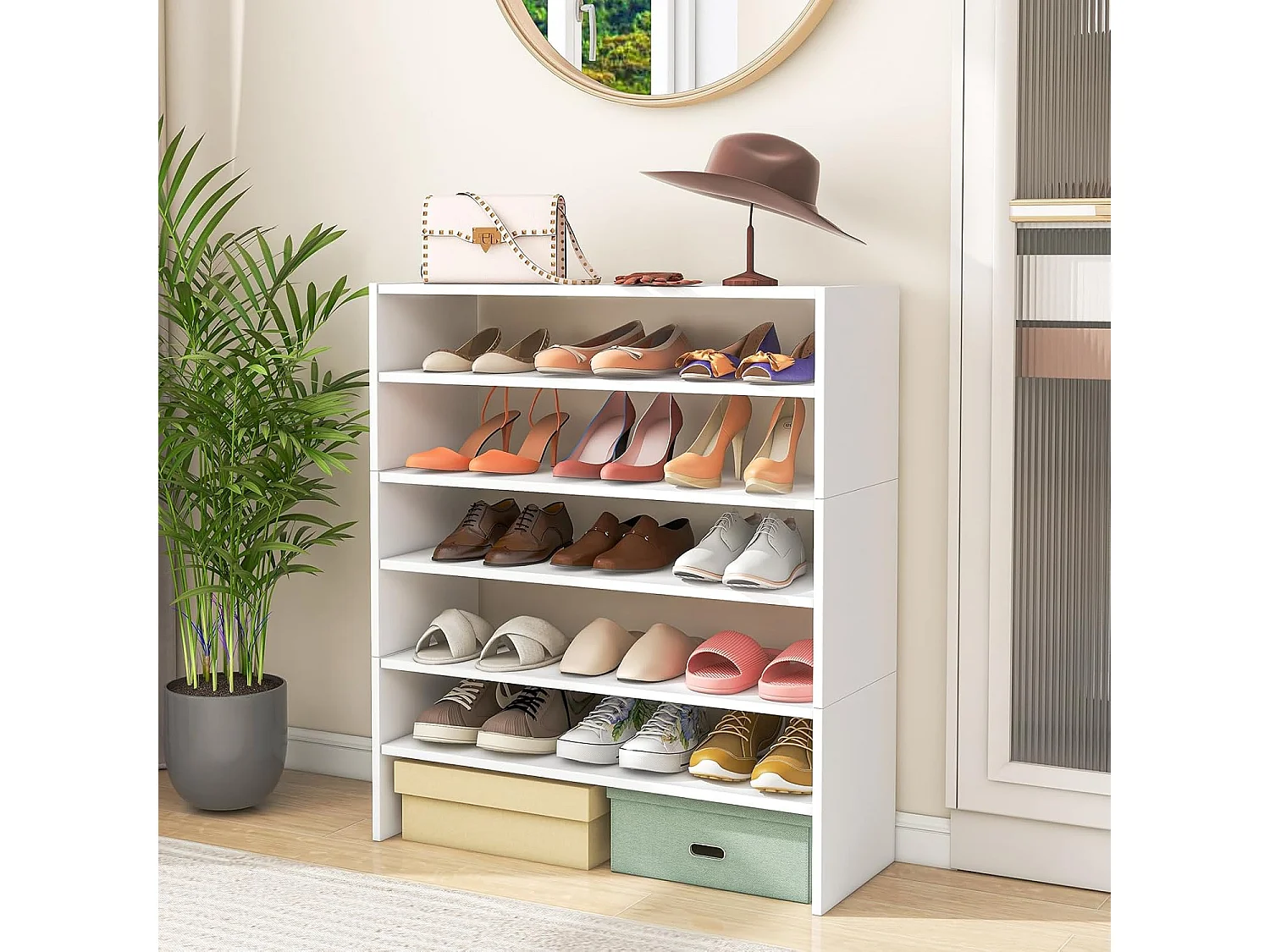 5-traps stapelbaar schoenenrek, open schoenenkast, 78 x 30 x 90 cm, schoenenrek van hout, voor entree, hal, vrij te combineren, witVH33131
