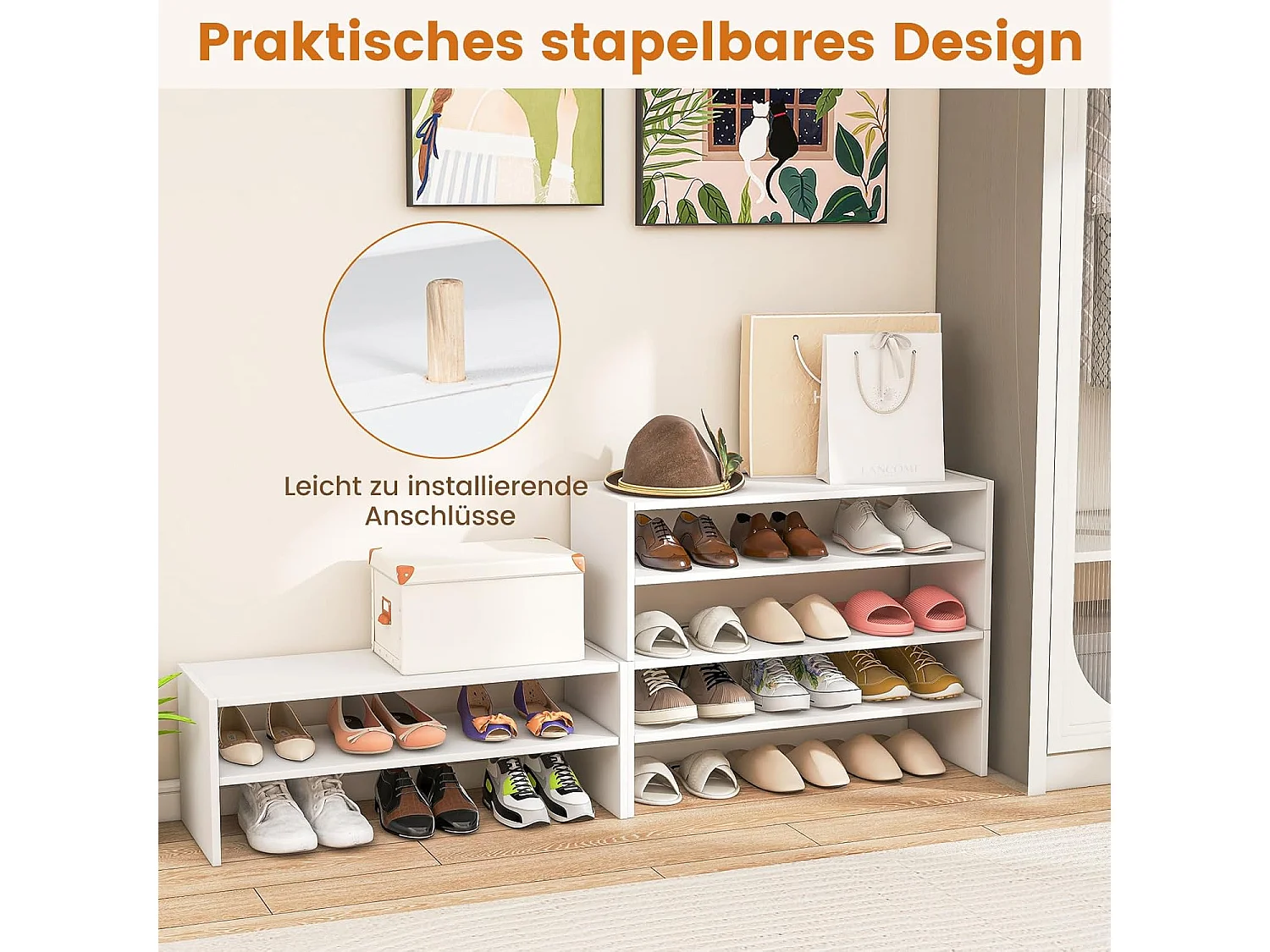 5-traps stapelbaar schoenenrek, open schoenenkast, 78 x 30 x 90 cm, schoenenrek van hout, voor entree, hal, vrij te combineren, witVH33131