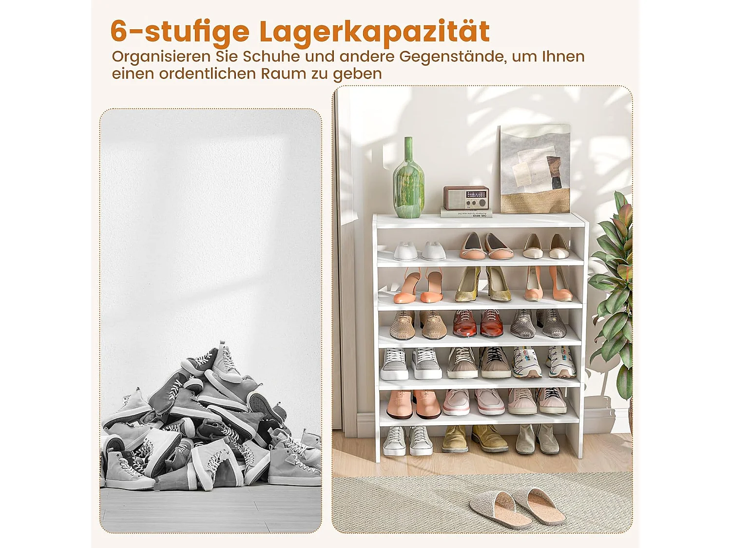 5-traps stapelbaar schoenenrek, open schoenenkast, 78 x 30 x 90 cm, schoenenrek van hout, voor entree, hal, vrij te combineren, witVH33131