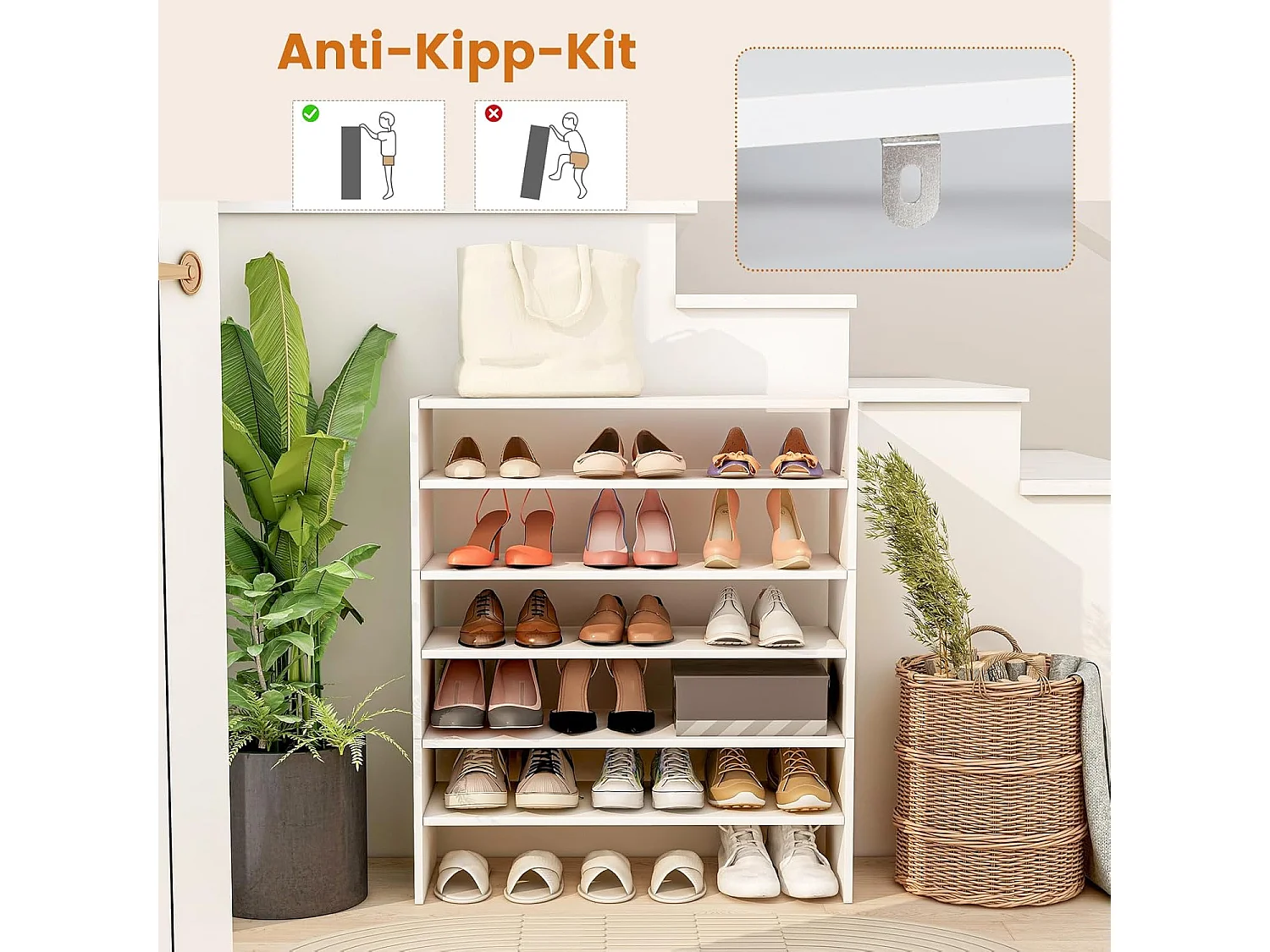 5-traps stapelbaar schoenenrek, open schoenenkast, 78 x 30 x 90 cm, schoenenrek van hout, voor entree, hal, vrij te combineren, witVH33131