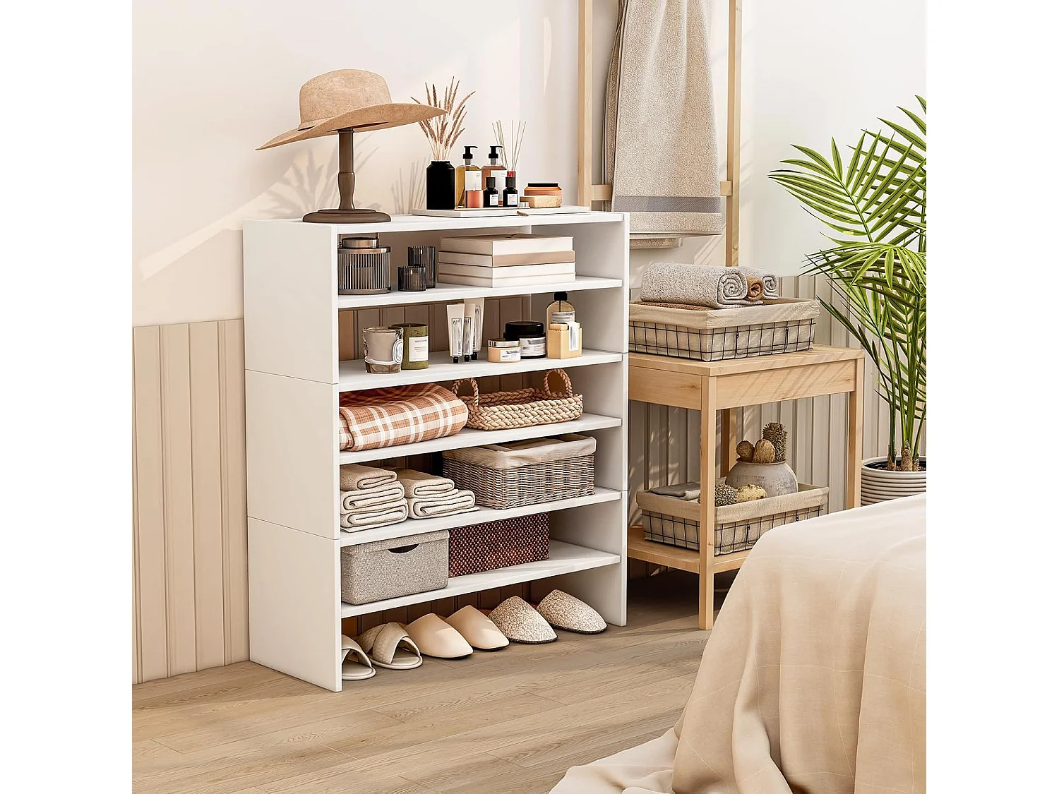 5-traps stapelbaar schoenenrek, open schoenenkast, 78 x 30 x 90 cm, schoenenrek van hout, voor entree, hal, vrij te combineren, witVH33131