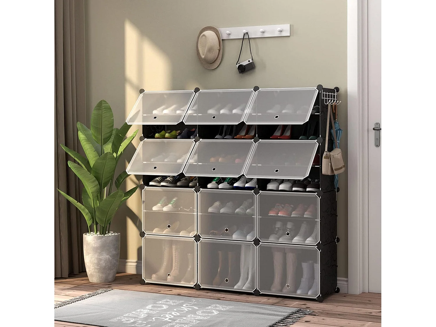 Schoenenrek met 12 vakken, schoenenkast van kunststof voor 48 paar schoenen en laarzen, doe-het-zelf schoenenorganizer met zijhaken,hal, zwartVL32271