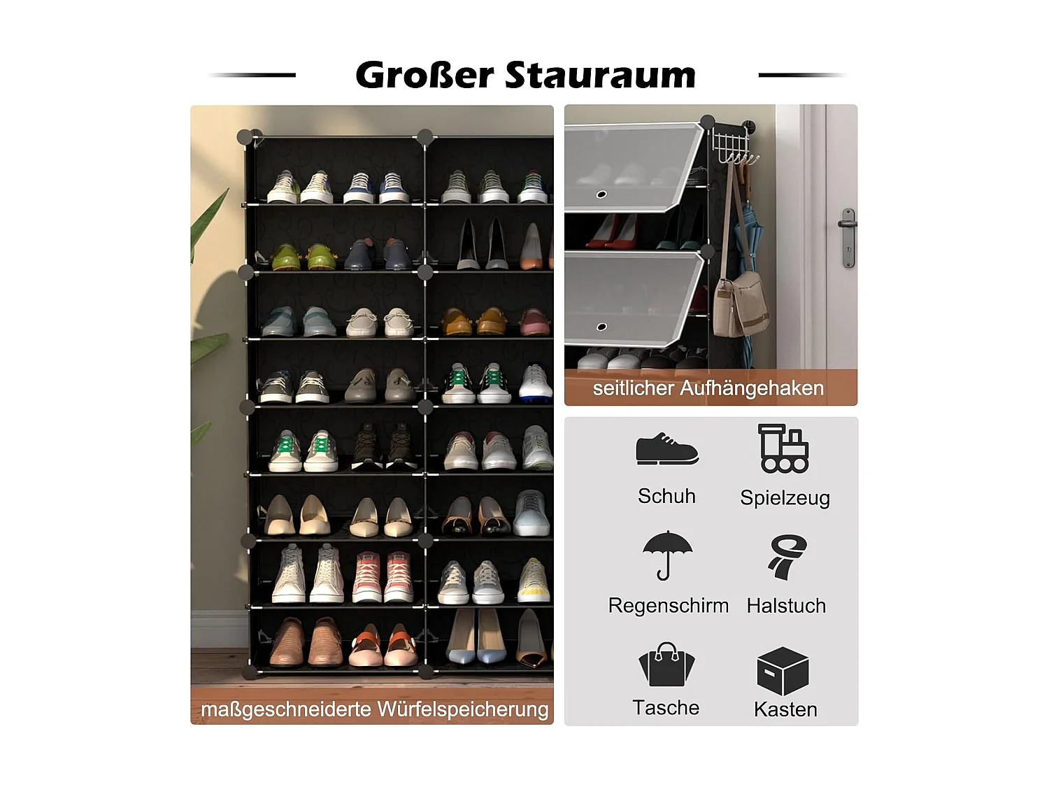 Schoenenrek met 12 vakken, schoenenkast van kunststof voor 48 paar schoenen en laarzen, doe-het-zelf schoenenorganizer met zijhaken,hal, zwartVL32271