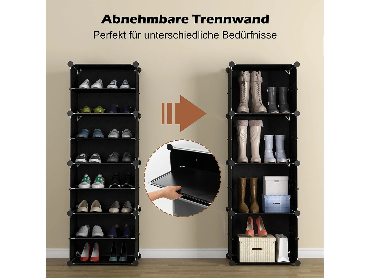 Schoenenrek met 12 vakken, schoenenkast van kunststof voor 48 paar schoenen en laarzen, doe-het-zelf schoenenorganizer met zijhaken,hal, zwartVL32271