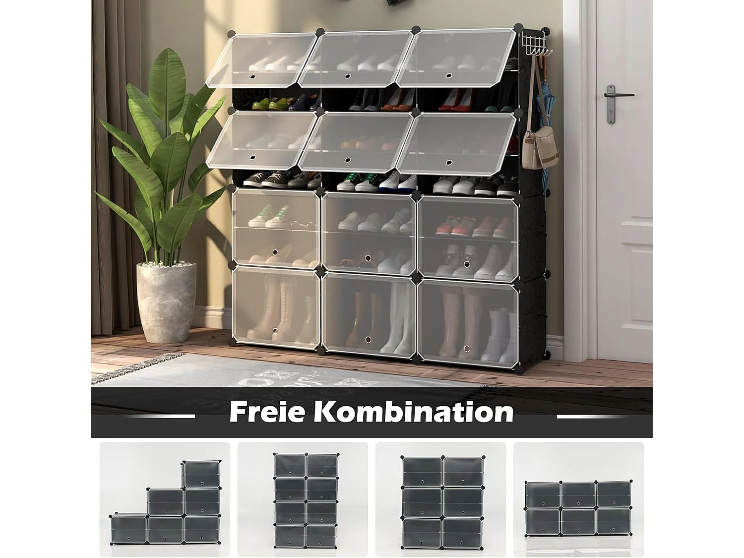 Schoenenrek met 12 vakken, schoenenkast van kunststof voor 48 paar schoenen en laarzen, doe-het-zelf schoenenorganizer met zijhaken,hal, zwartVL32271