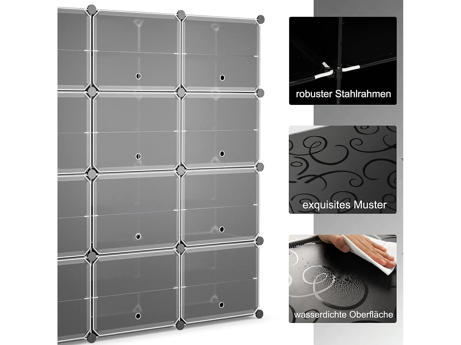 Schoenenrek met 12 vakken, schoenenkast van kunststof voor 48 paar schoenen en laarzen, doe-het-zelf schoenenorganizer met zijhaken,hal, zwartVL32271