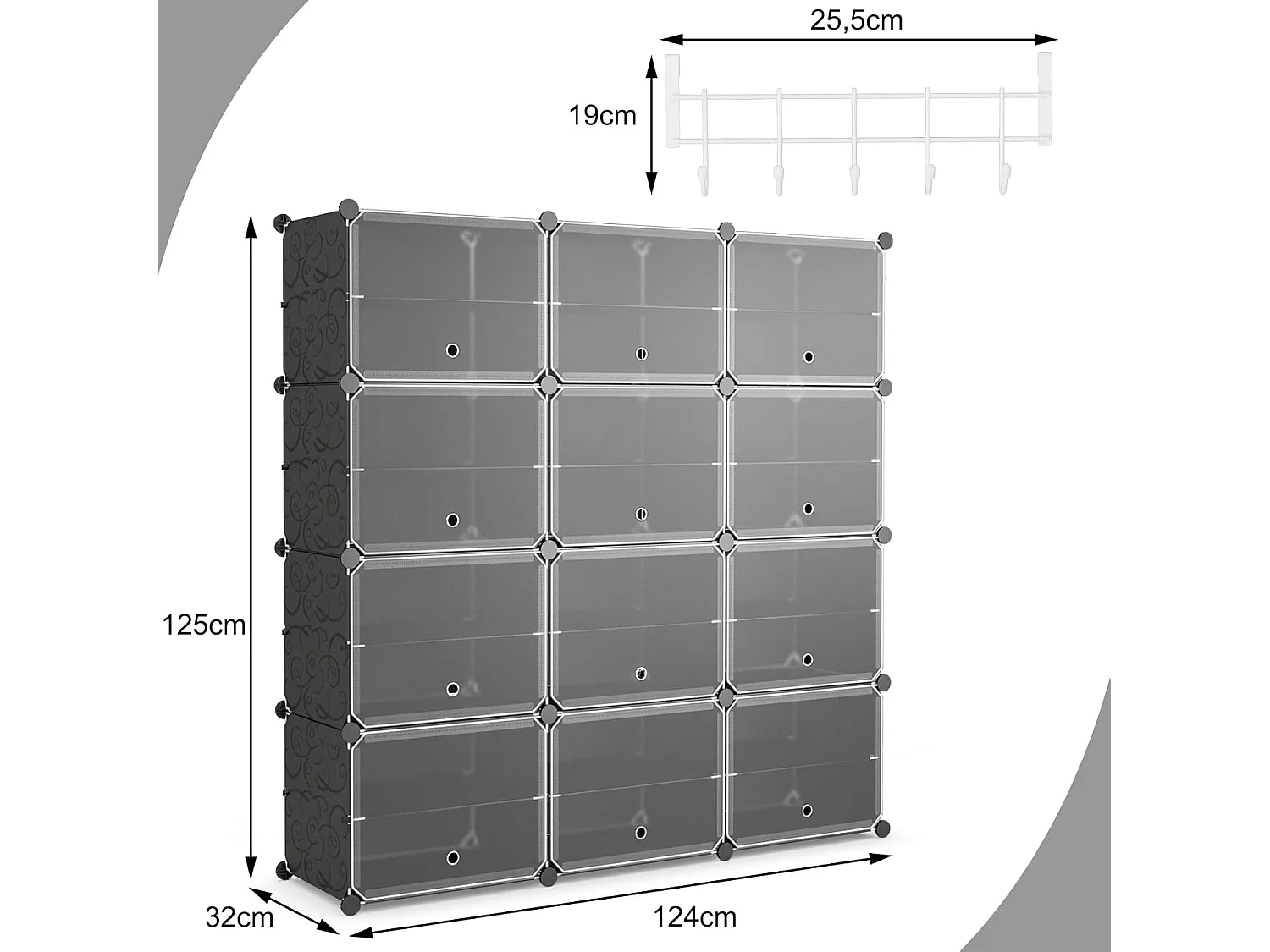 Schoenenrek met 12 vakken, schoenenkast van kunststof voor 48 paar schoenen en laarzen, doe-het-zelf schoenenorganizer met zijhaken,hal, zwartVL32271