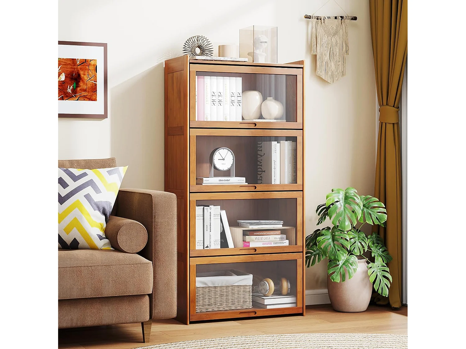 Boekenkast met 4 verdiepingen met acryldeuren,vitrinekast van bamboe met 4 vakken,vrijstaand,opbergrek voor werkkamer, woonkamer, 69 x 34 x 140 cm (bruin)VH33981